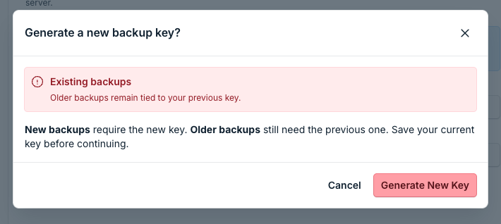 Generate a new backup key confirmation