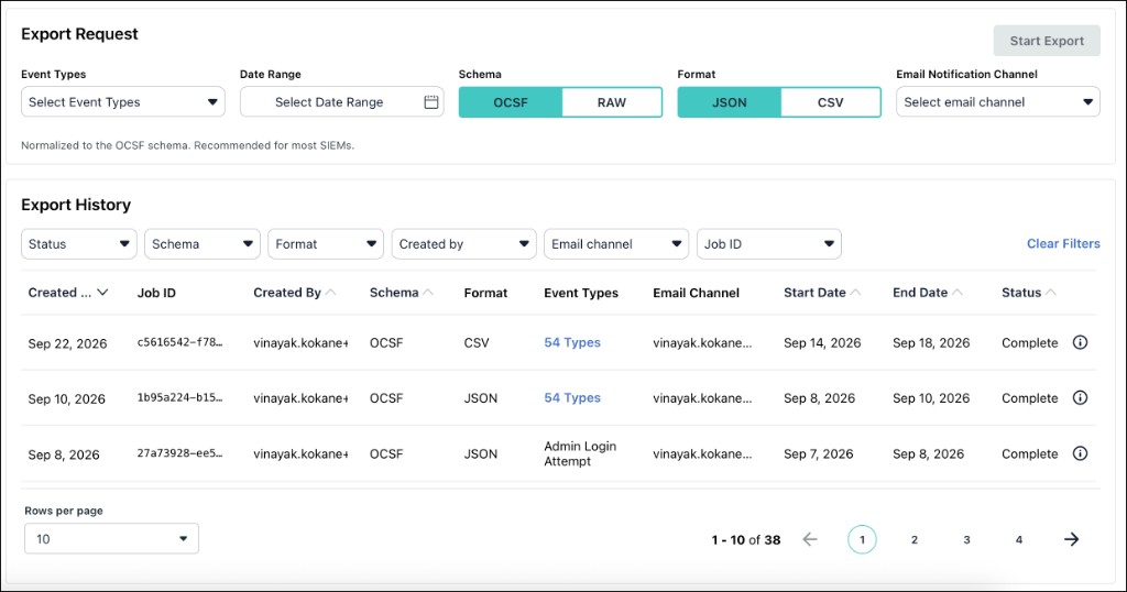 Historical DI data Export Request and Export History page.