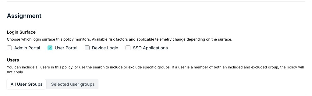 The image displays the Assignment section with Login Surface and Users options