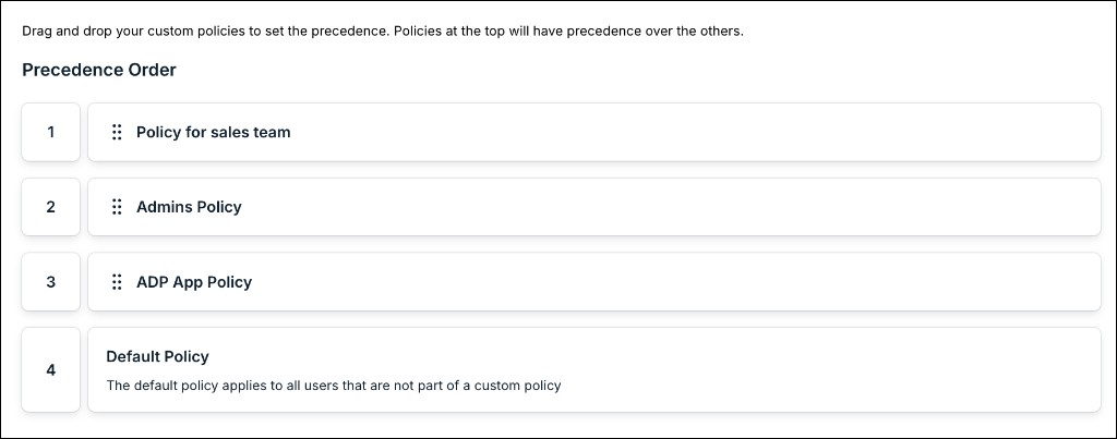 The image displays the Policy Precedence Order page where you drag and drop custom policies