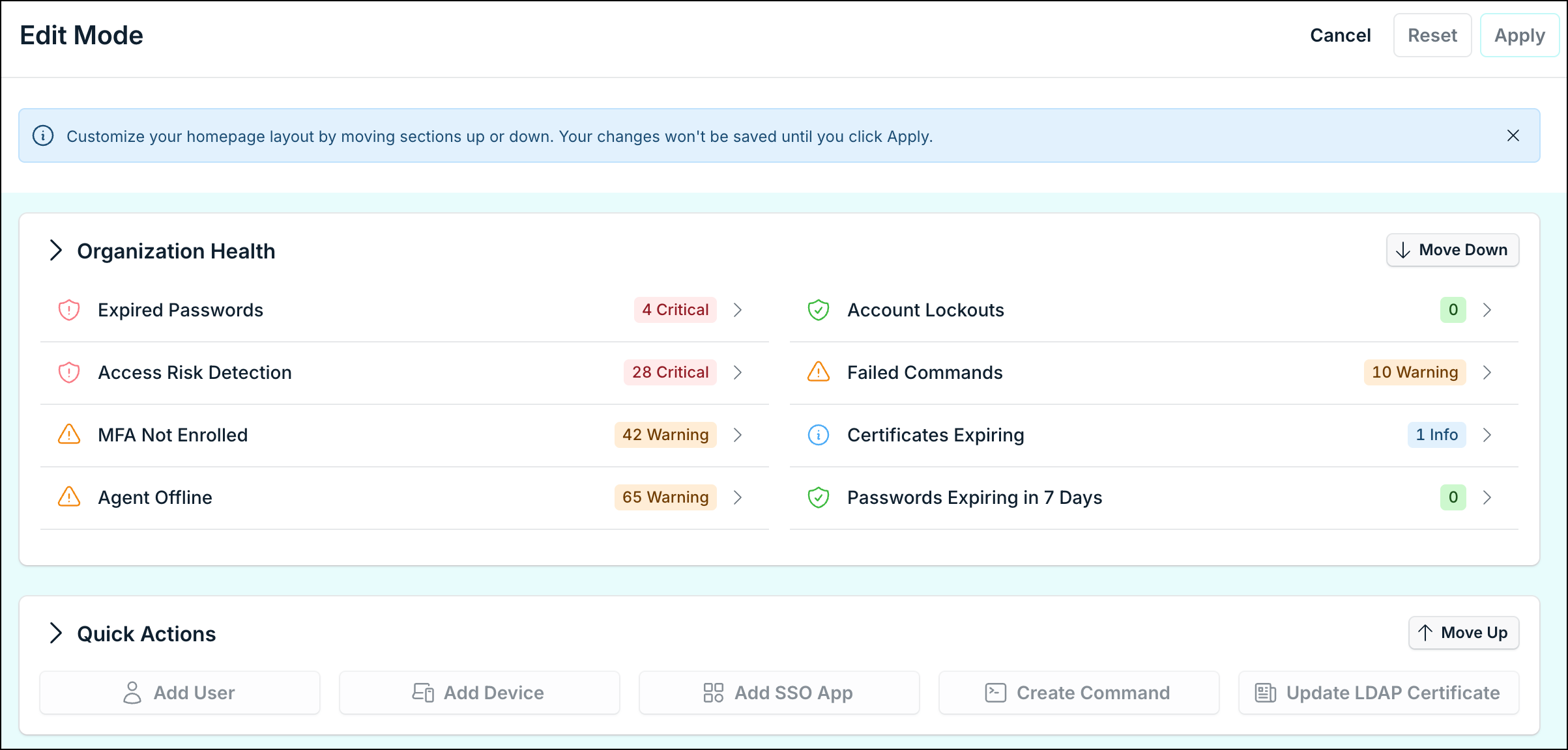 Admin Portal Home in Edit Layout View showing Move Up, Move Down, Apply, and Cancel.