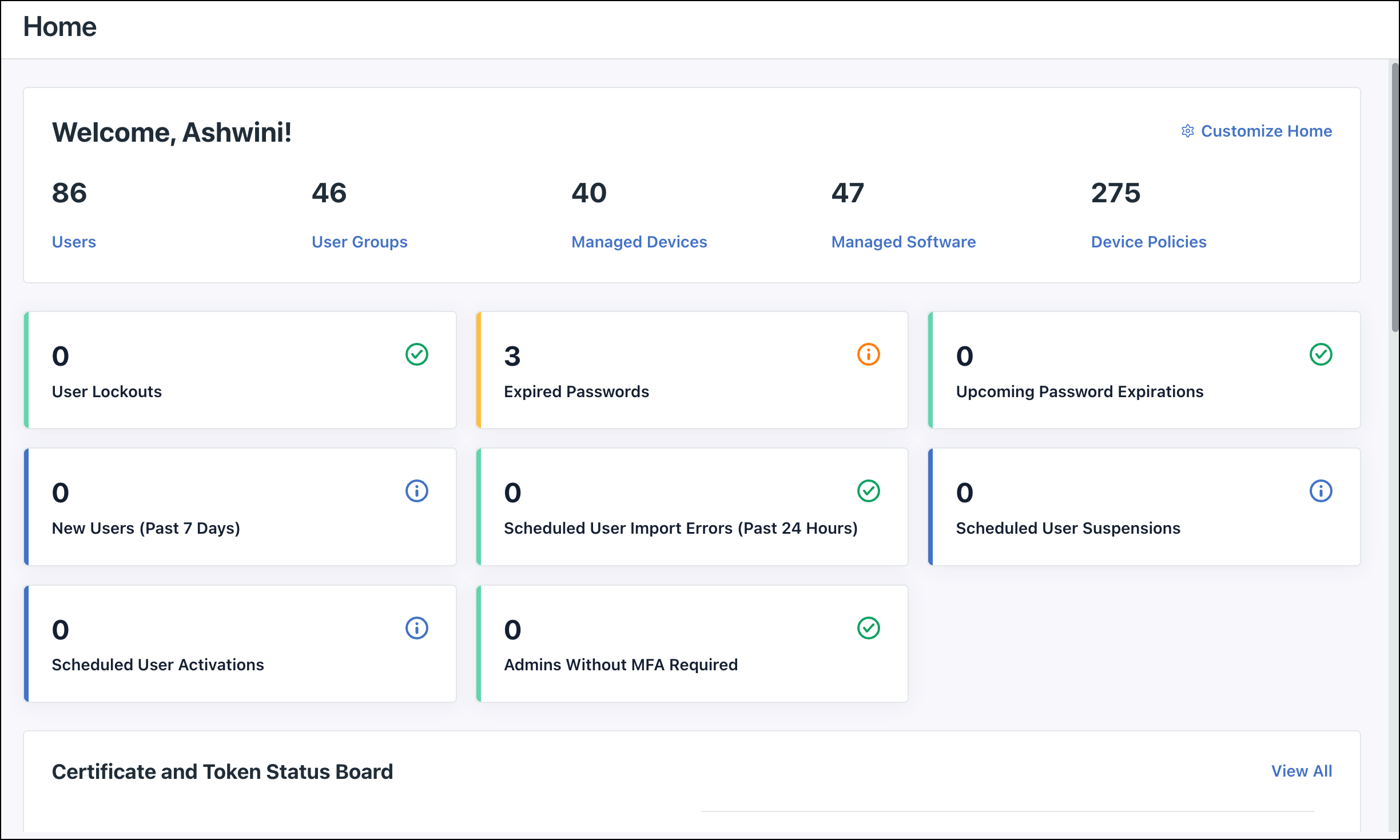 Full JumpCloud Admin Portal Homepage featuring metrics, alert widgets for lockouts and expired passwords, and the status board.