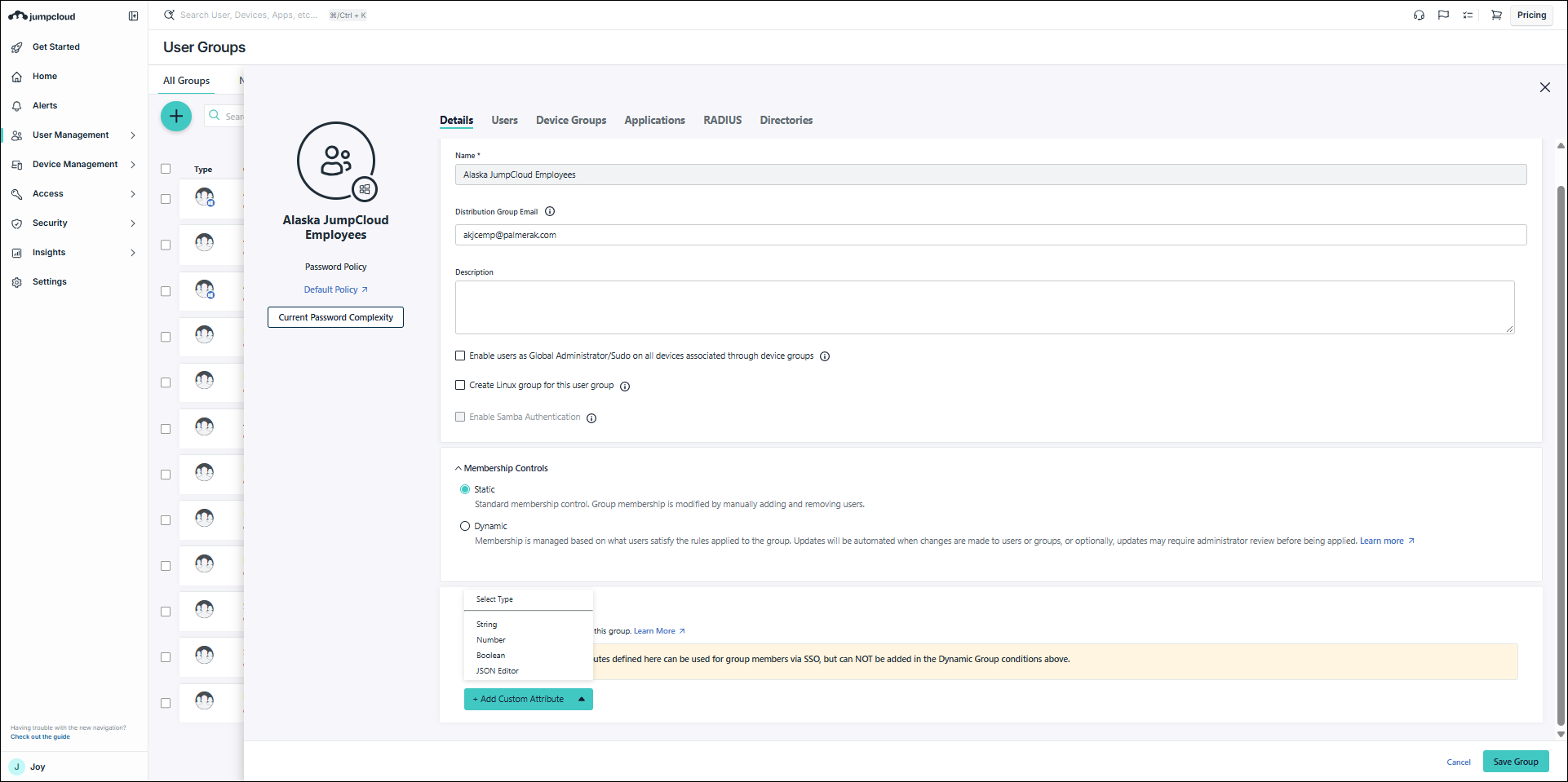 Edit group aside with custom attribute menu