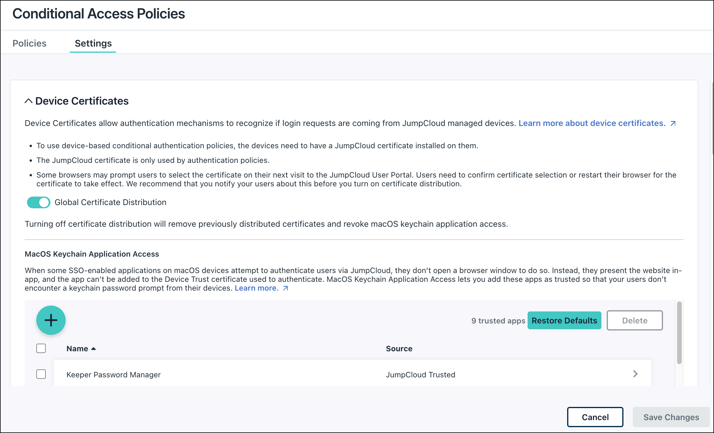 JumpCloud Conditional Access Policies Settings page showing the Device Certificates section with the Global Certificate Distribution toggle enabled.