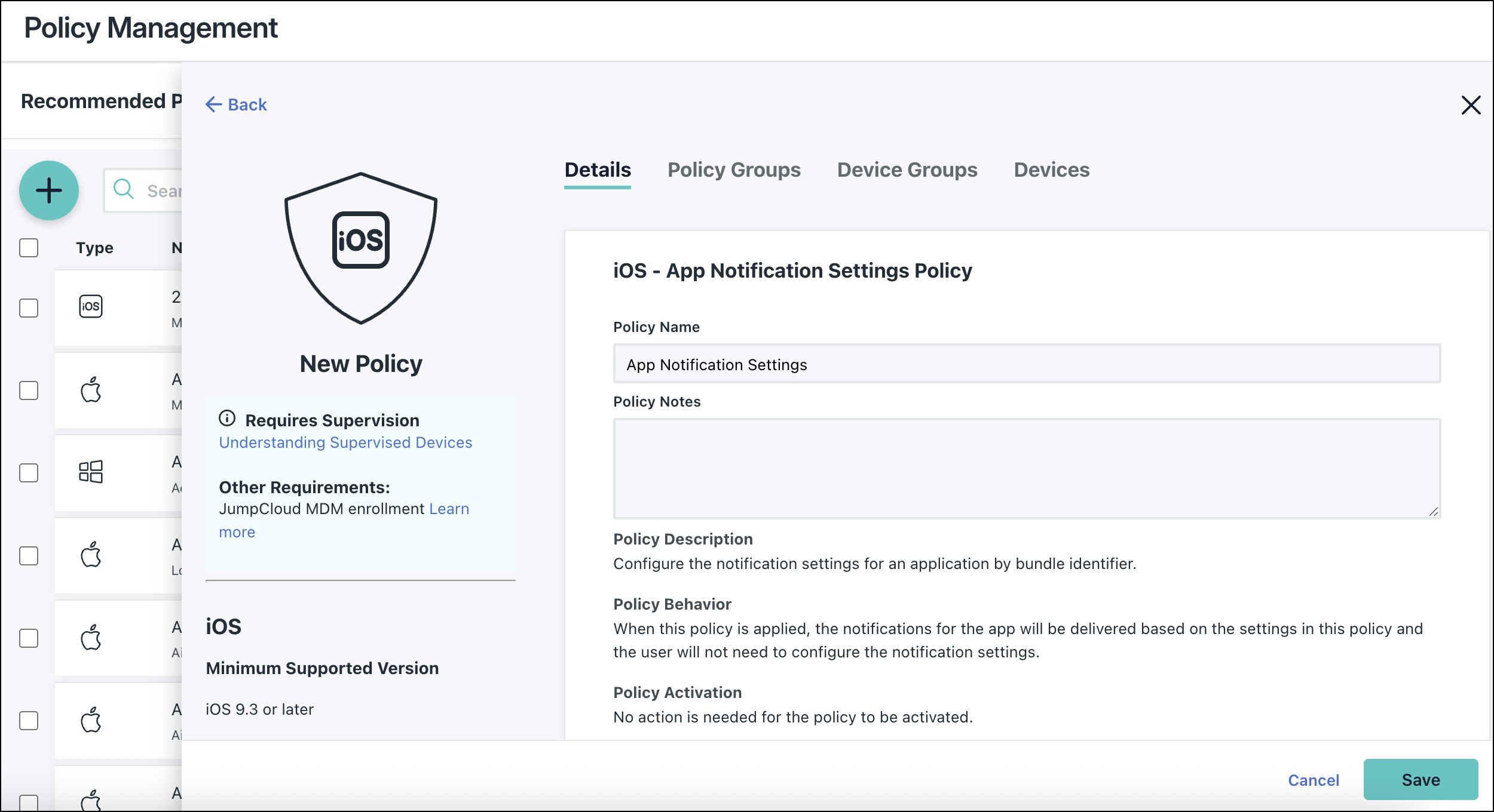 A screenshot showing App notification settings policy in JumpCloud Admin Portal.