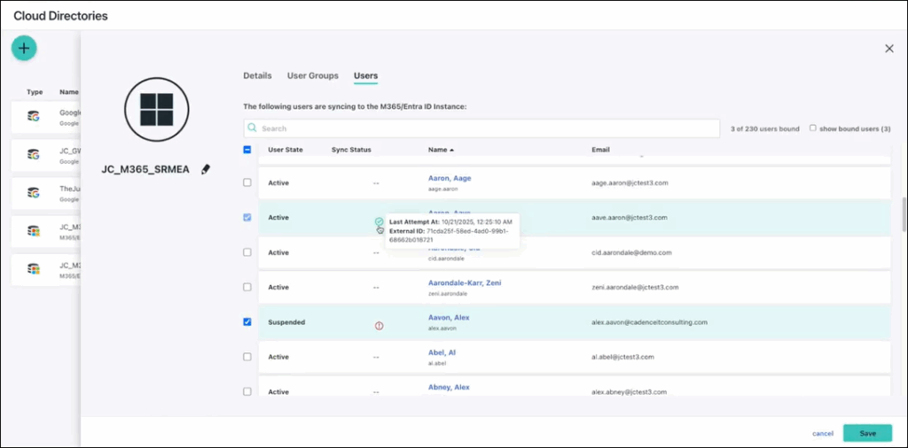 Successful sync status for M365 user with hover text showing.