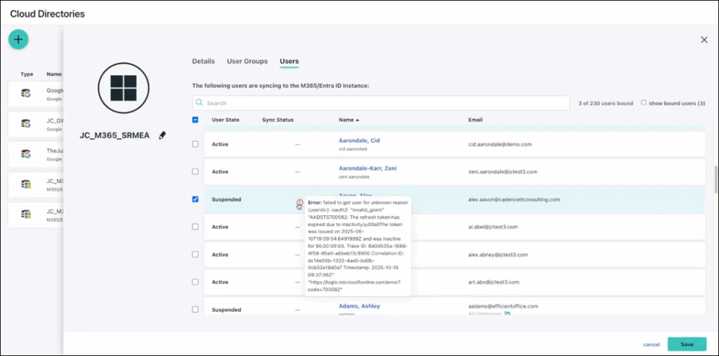 Unsuccessful sync status for M365 user with hover text showing.