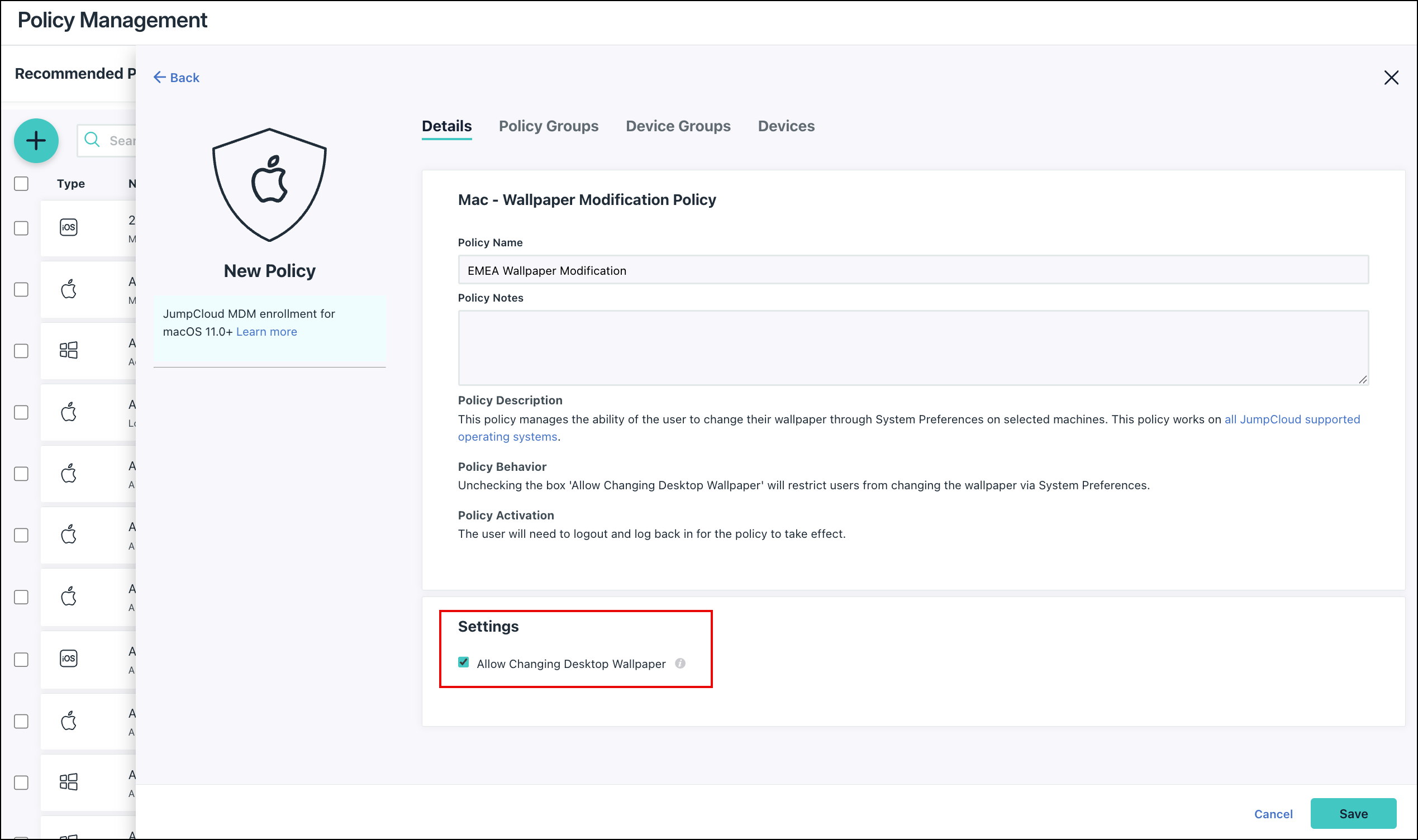 JumpCloud Policy Management screen showing the Mac Wallpaper Modification Policy configuration with the "Allow Changing Desktop Wallpaper" checkbox enabled.