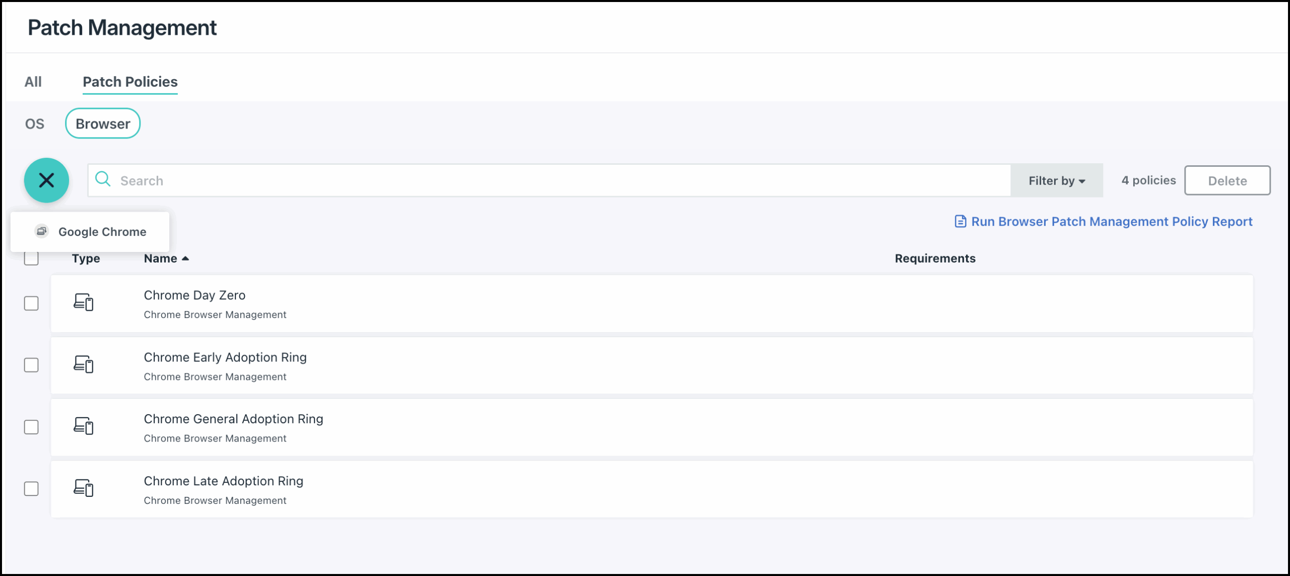 This image diplays the Google Chrome option in Patch Policies page