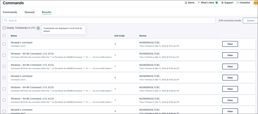 Image displays the Commands Results page.