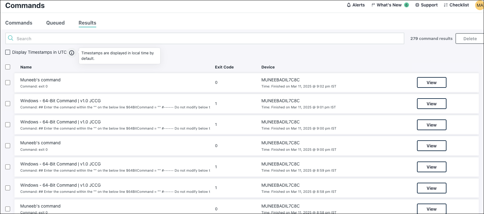 Image displays the Commands Results page.