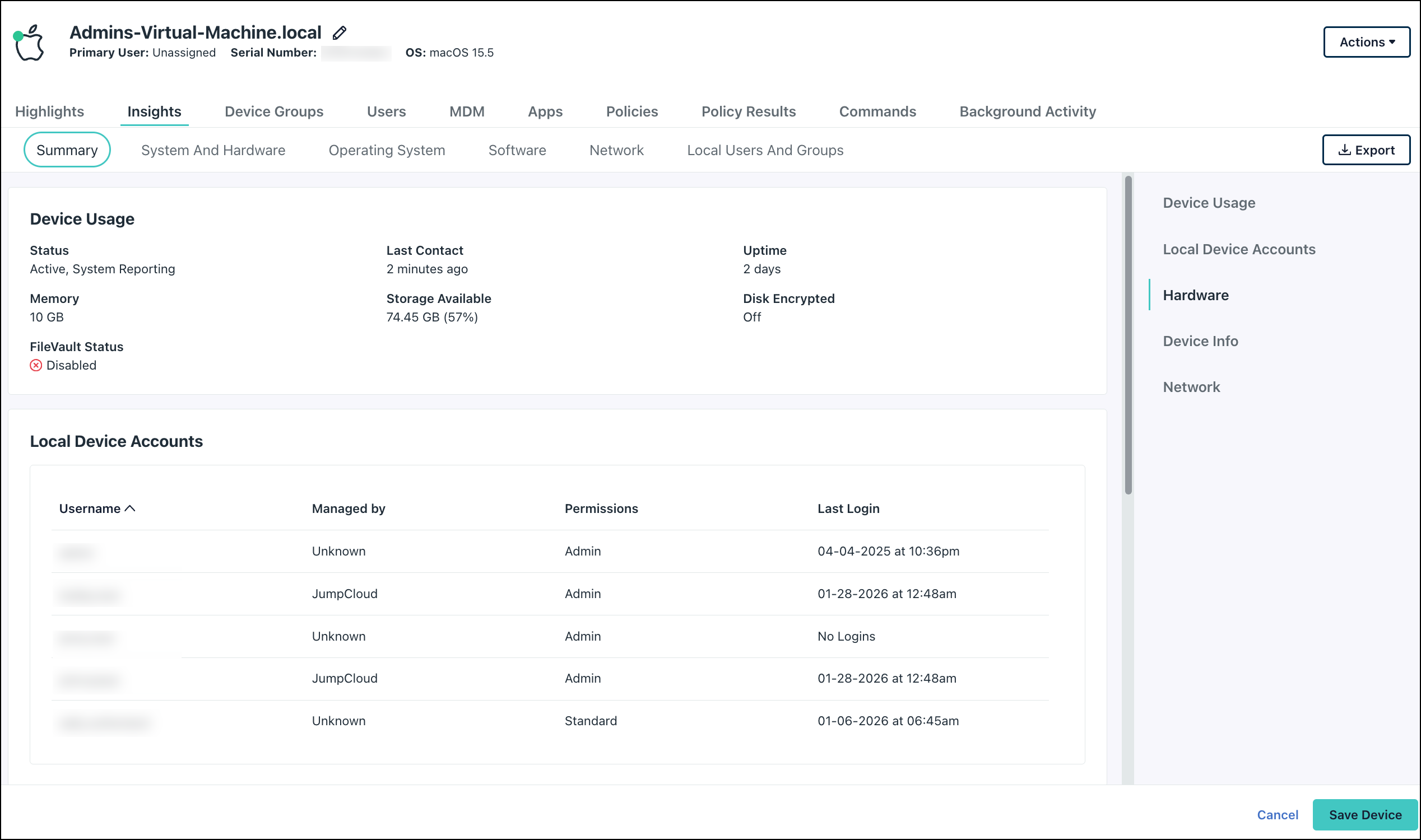 JumpCloud device Insights tab showing the Summary view for a macOS machine.