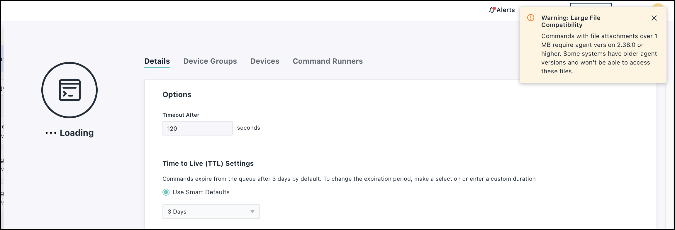 The image displays the Warning message in Commands page.