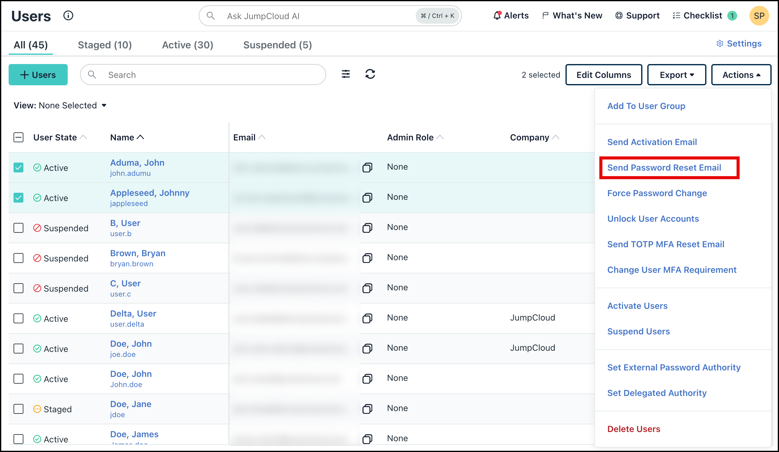 Send Password Email Button highlight.