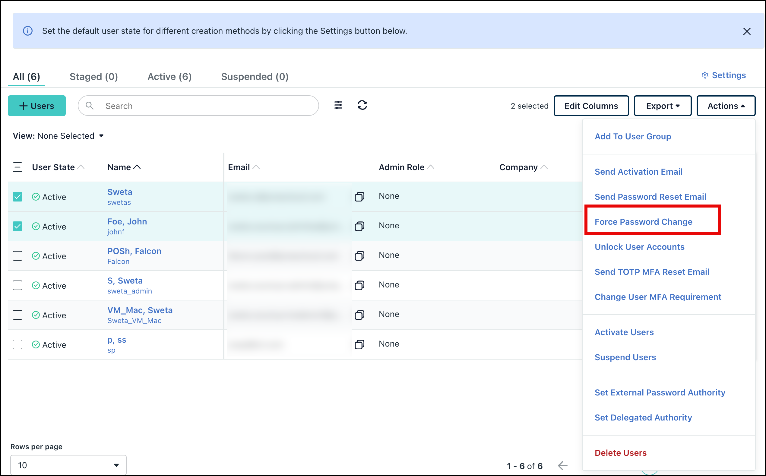 Image displays the options in Actions button.