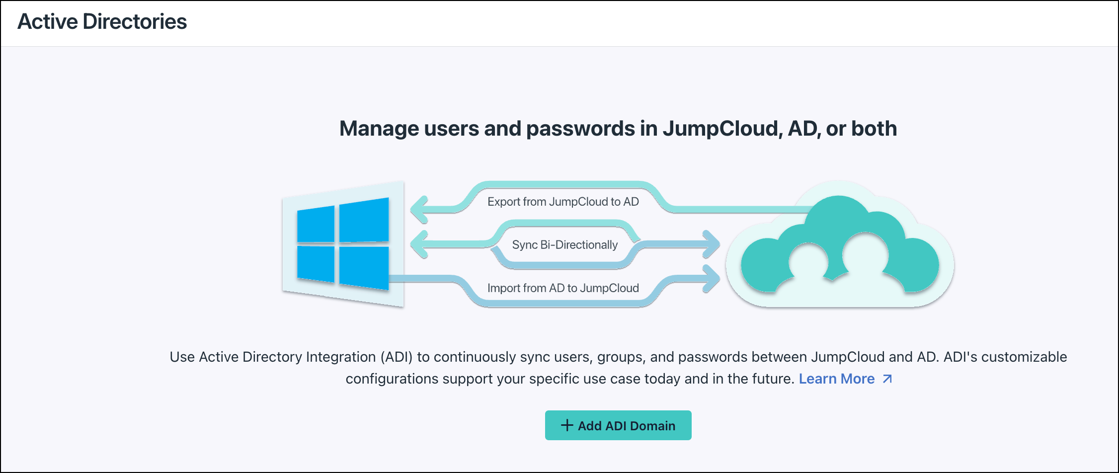 A diagram illustrating the bi-directional flow between a Windows device and the JumpCloud cloud, showing export, import, and bi-directional sync options.