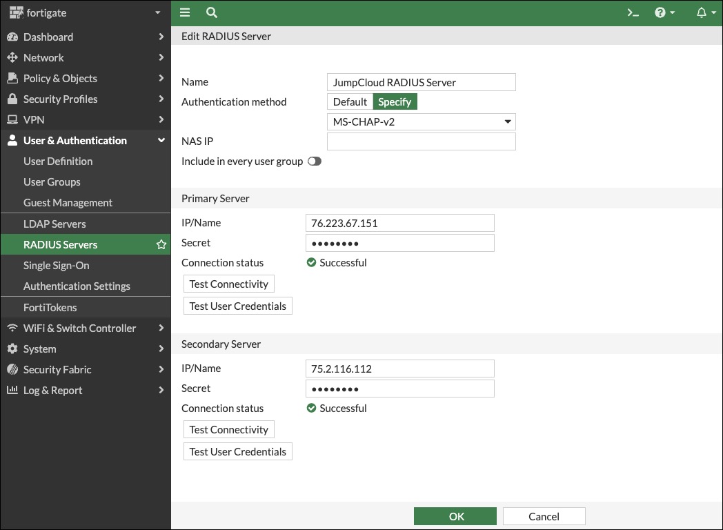 Example of RADIUS server configuration in Fortigate appliance.