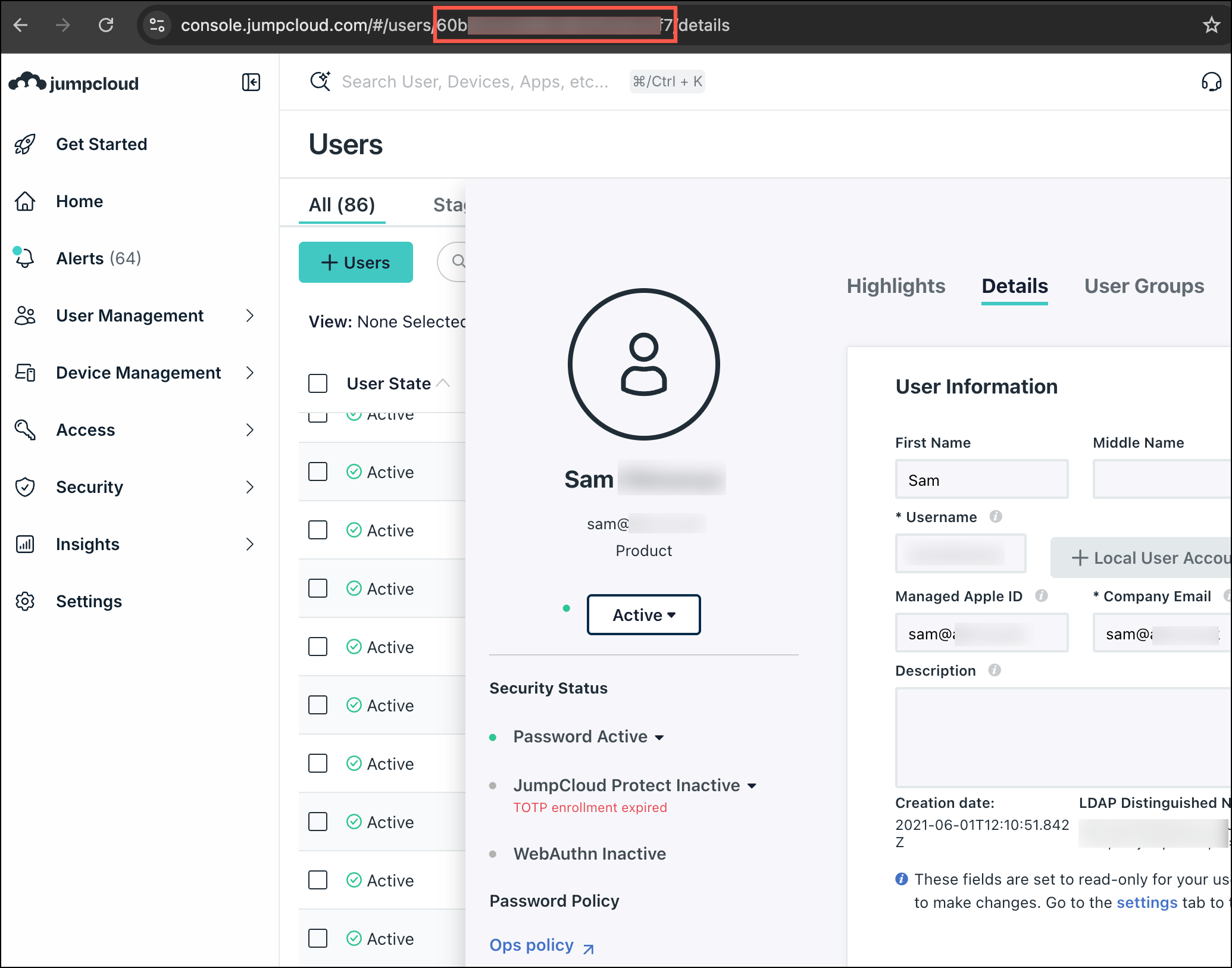Gather the JumpCloud UserID by highlighting the URL of the user in the Admin Portal.