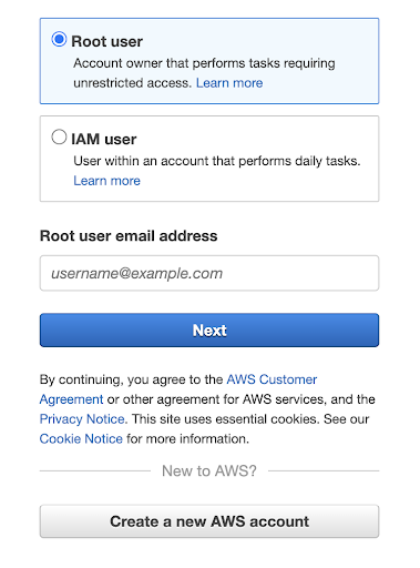 select Root or IAM user