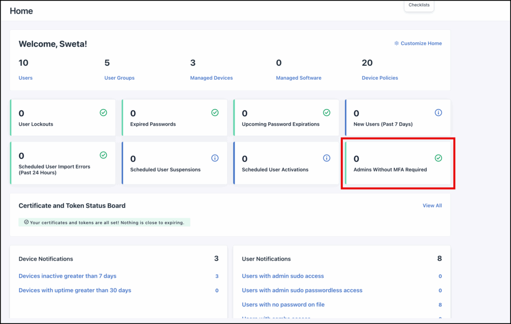 The Image displays JumpCloud Home page with Admins without MFA card highlighted.