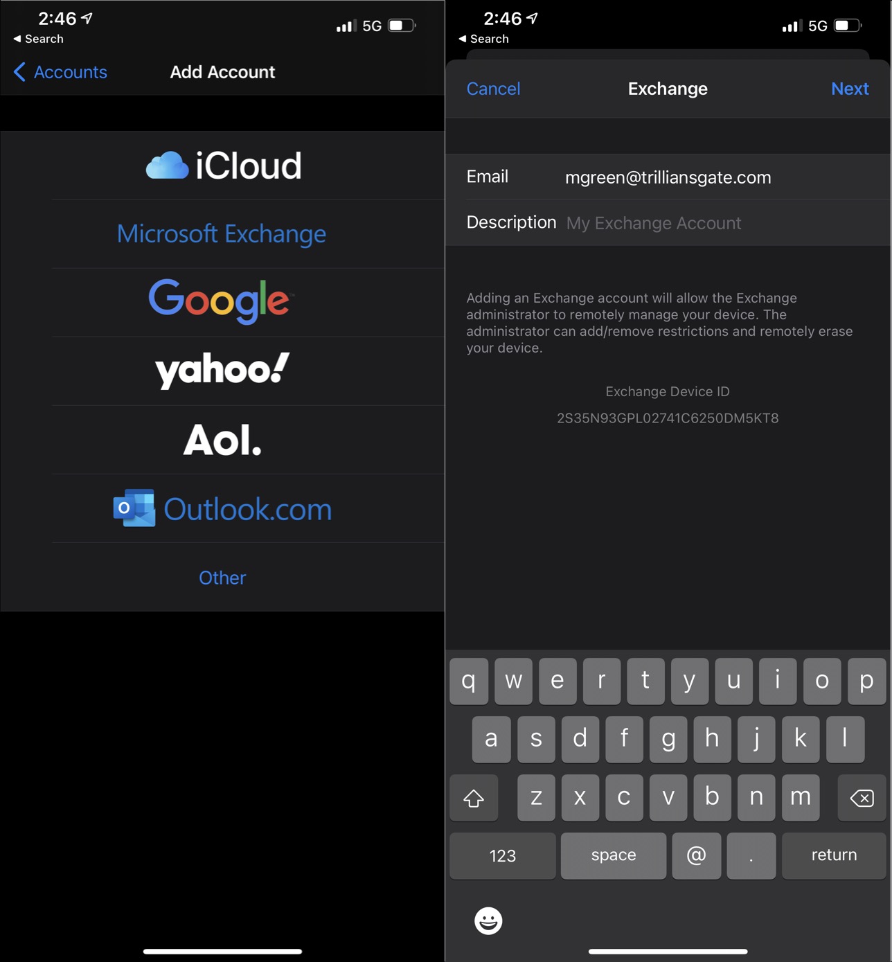 Add Exchange account to iOS mail client (mobile).