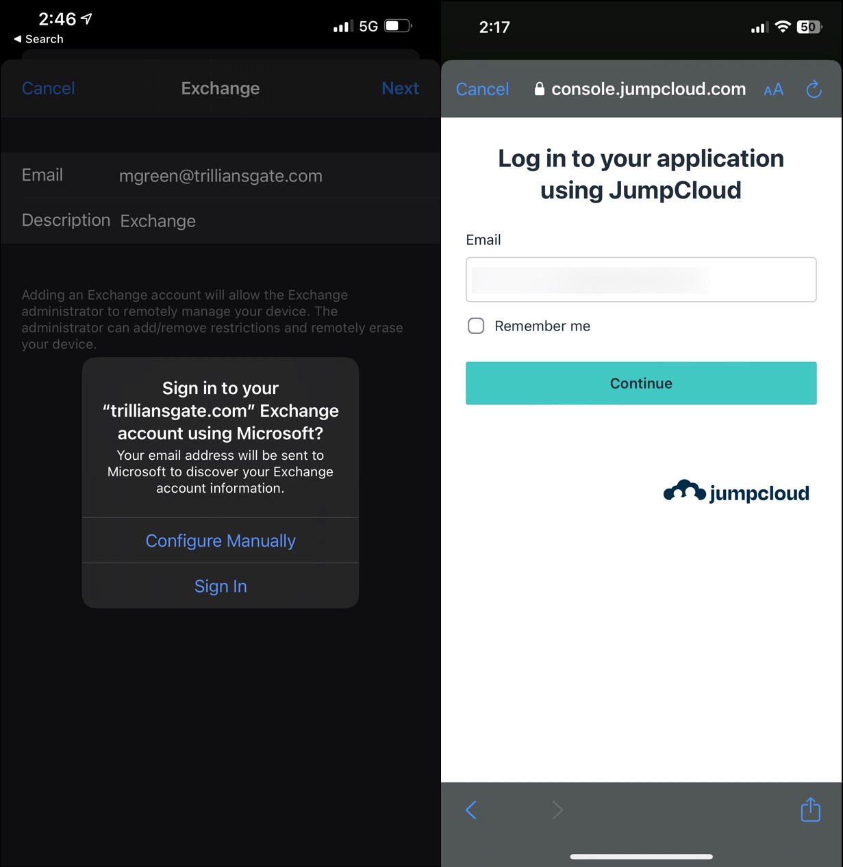 Redirected to JumpCloud SSO to sign in to Exchange account in iOS mail client.