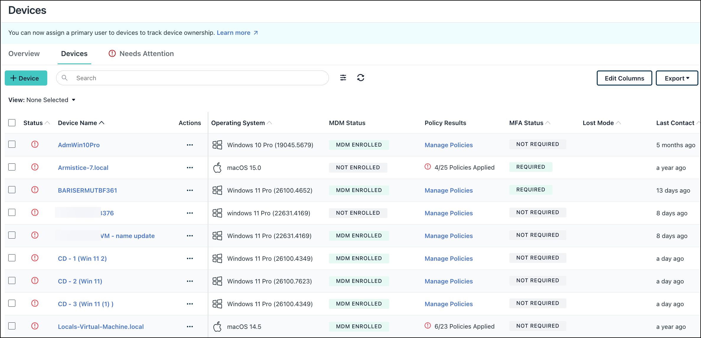 JumpCloud Devices tab highlighting the Policy Results column with applied policy counts and status indicators.