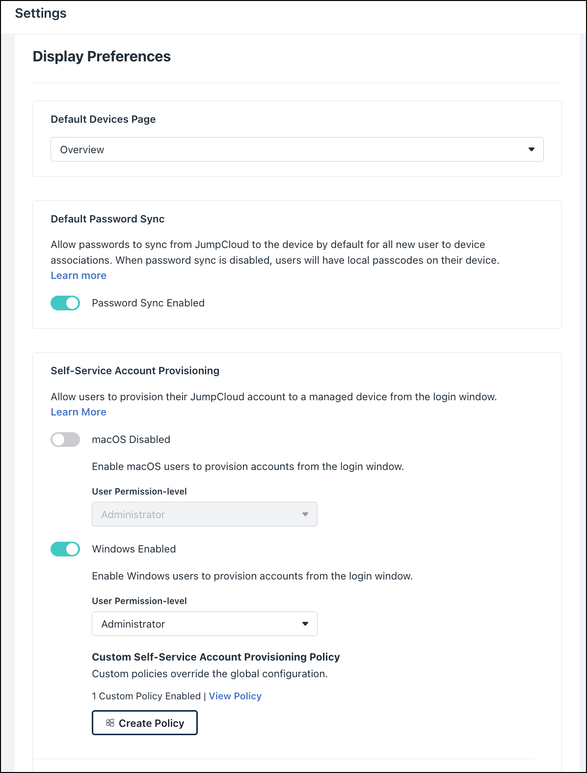 JumpCloud Settings page for Display Preferences showing configurations for the Default Devices Page, Password Sync, and Self-Service Account Provisioning.