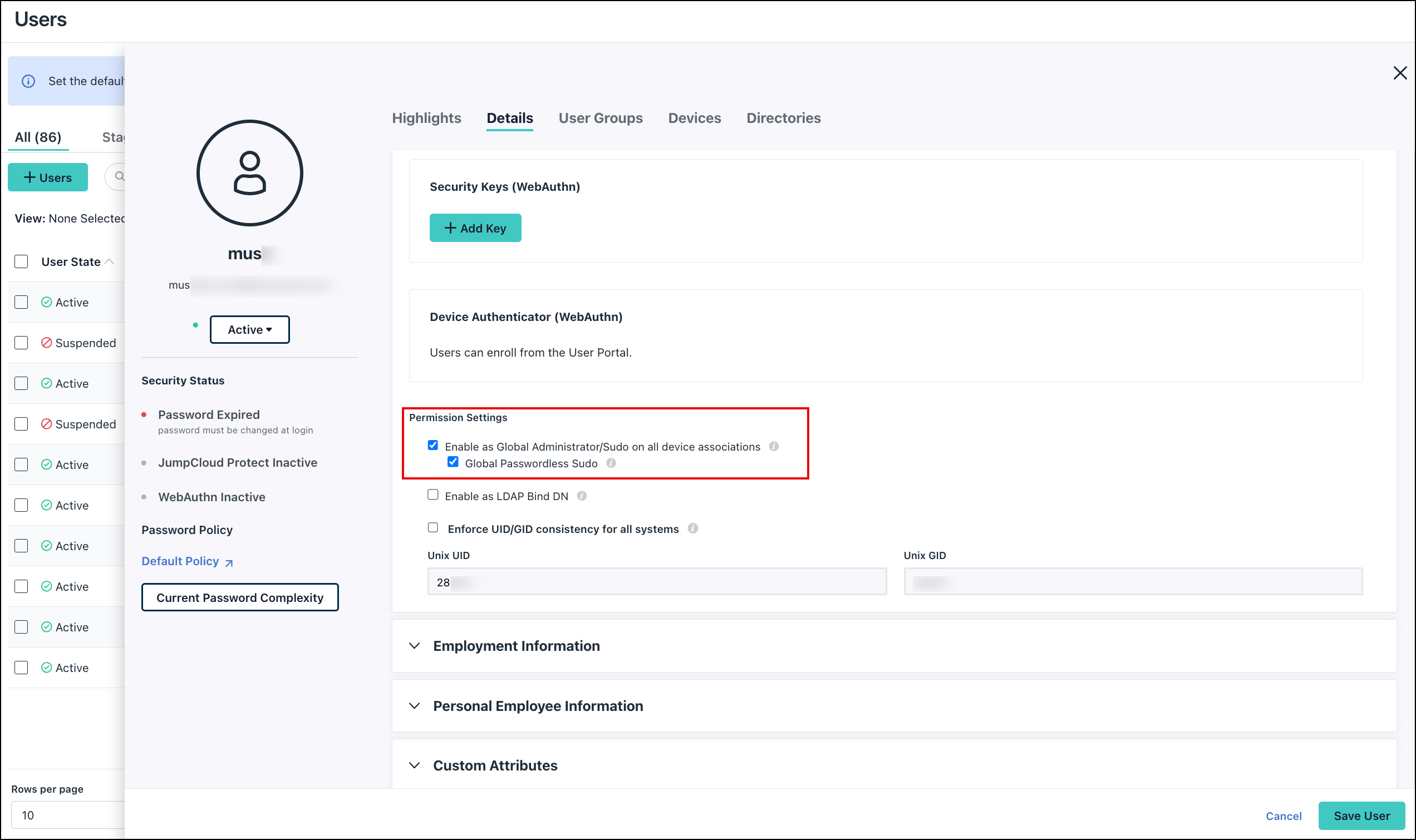 JumpCloud User Details panel showing the Permission Settings section with the Global Administrator/Sudo checkbox enabled.