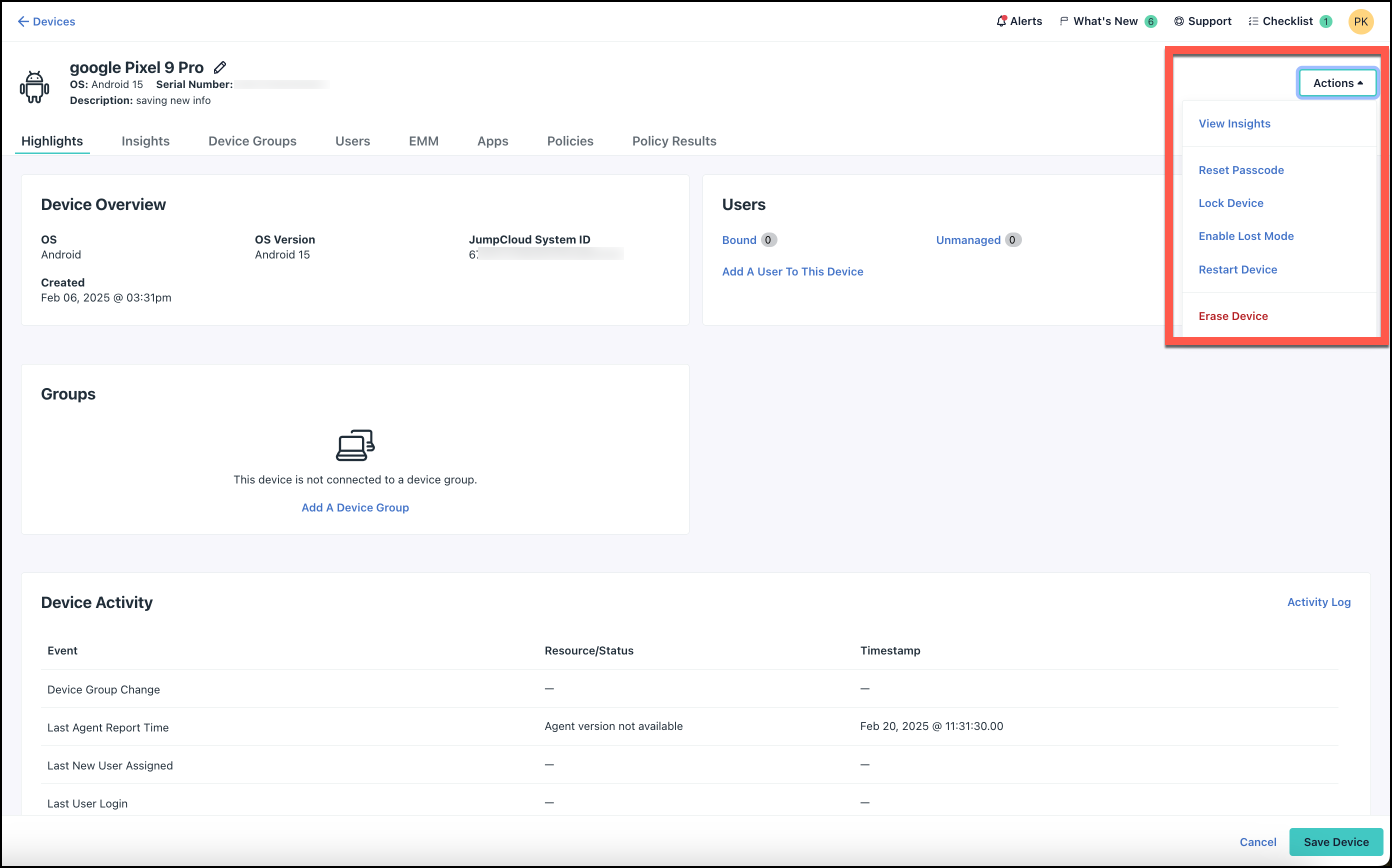 Access management controls from the Actions menu within the device page