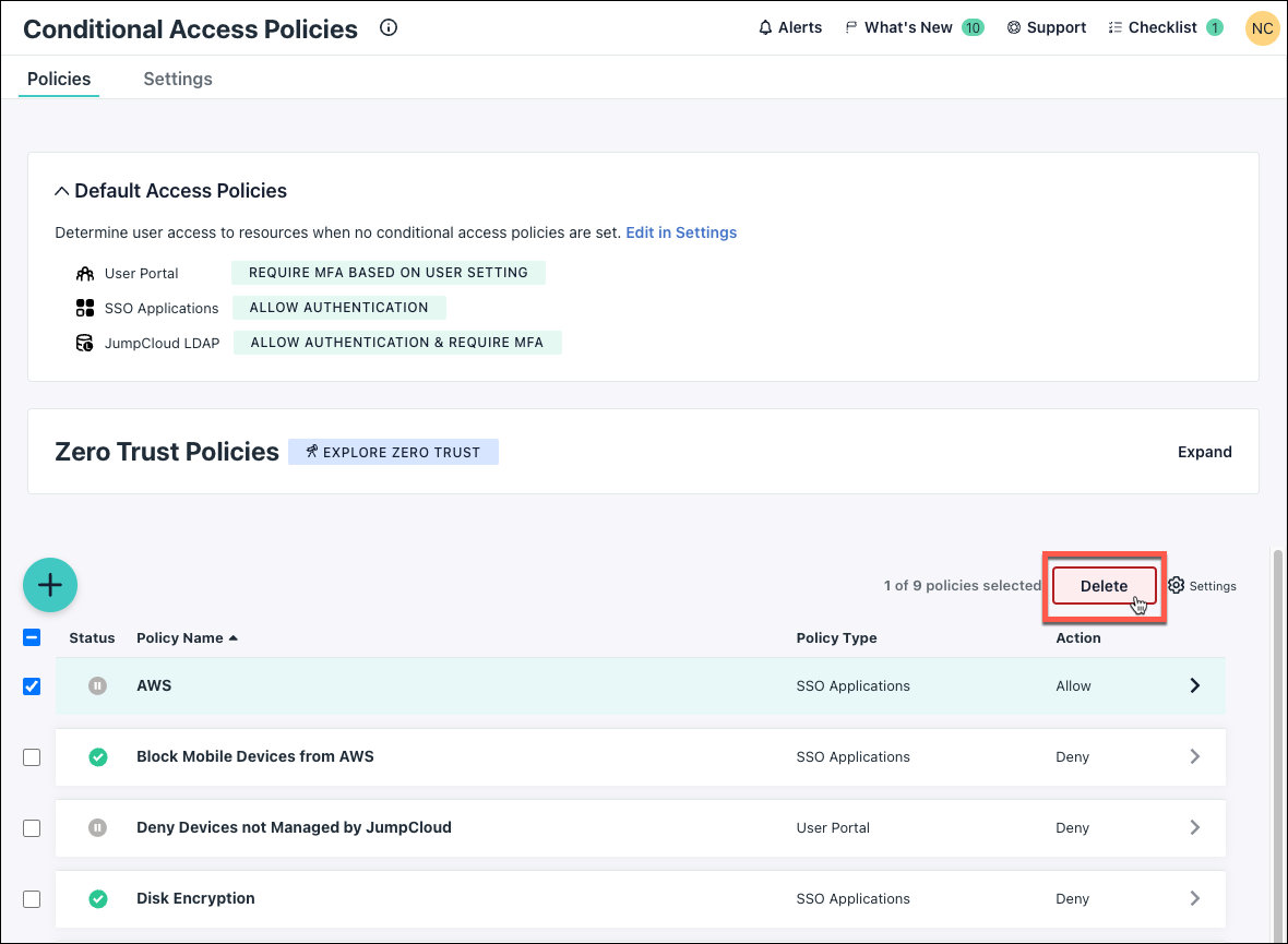Select a policy from the list, then click Delete to remove the policy