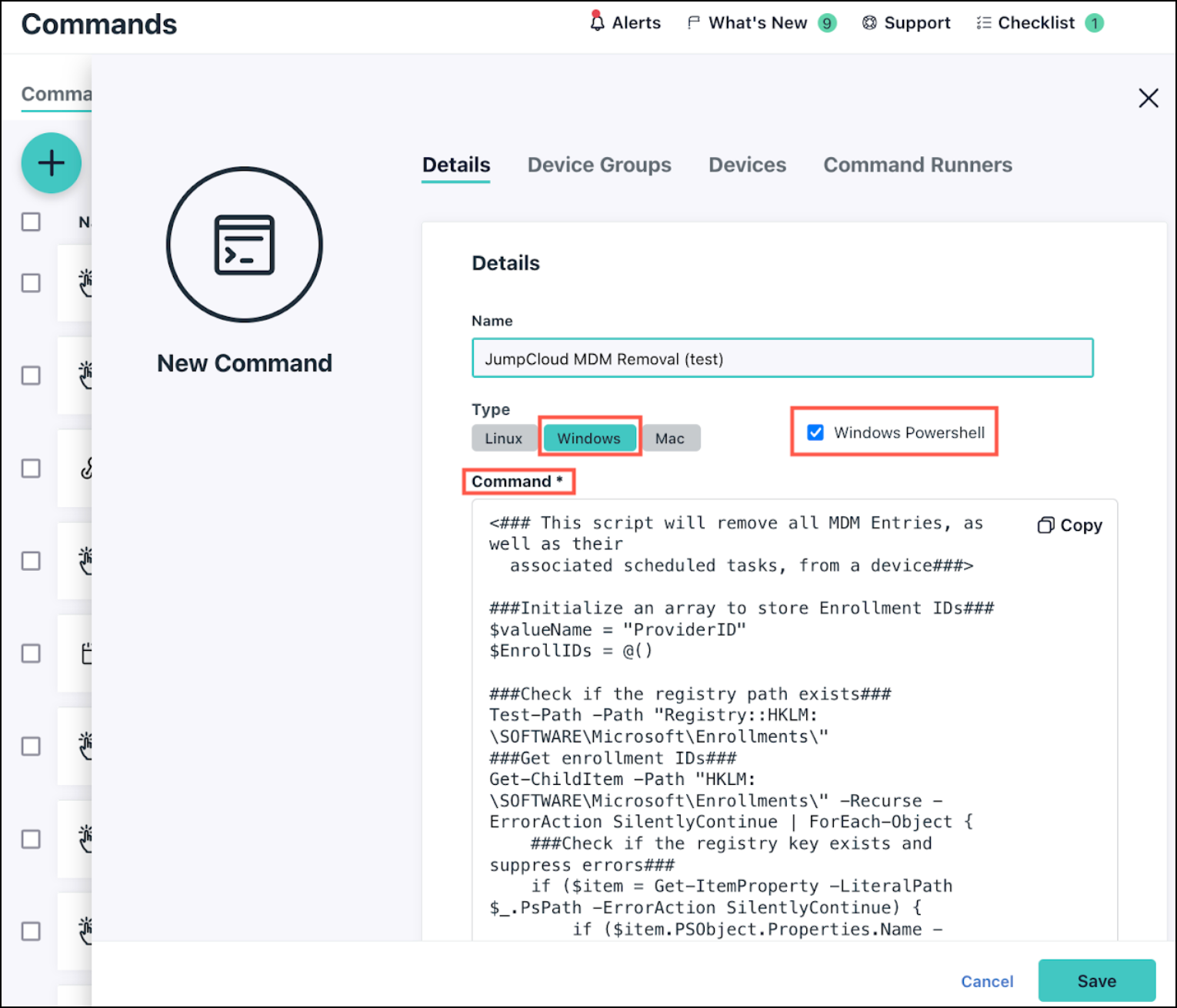 JumpCloud Admin Portal showing a Windows PowerShell command for MDM removal.