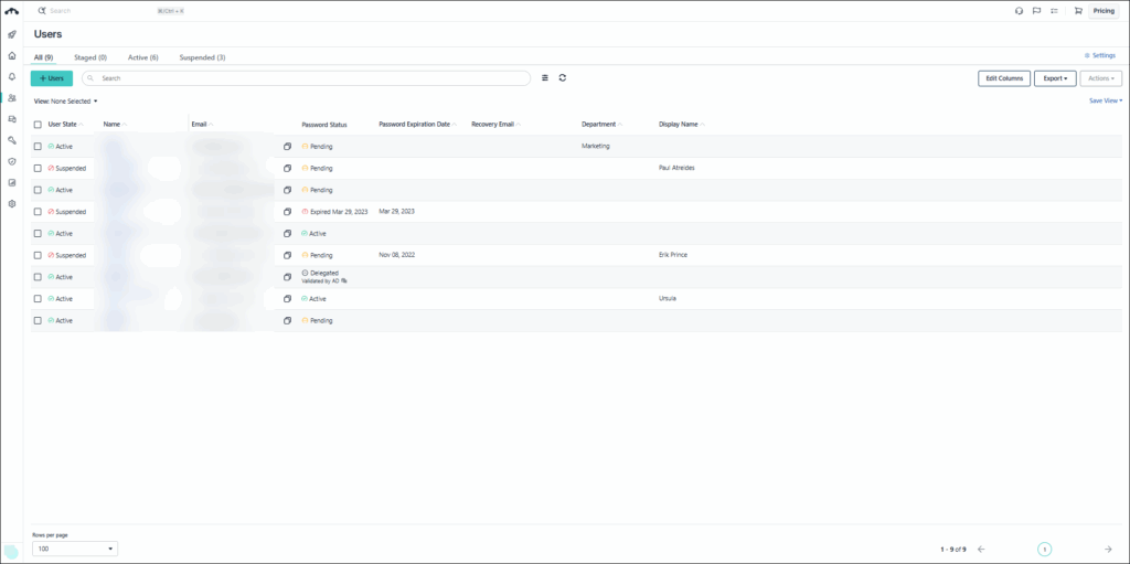 Admin Portal Users page with left Nav collapsed.