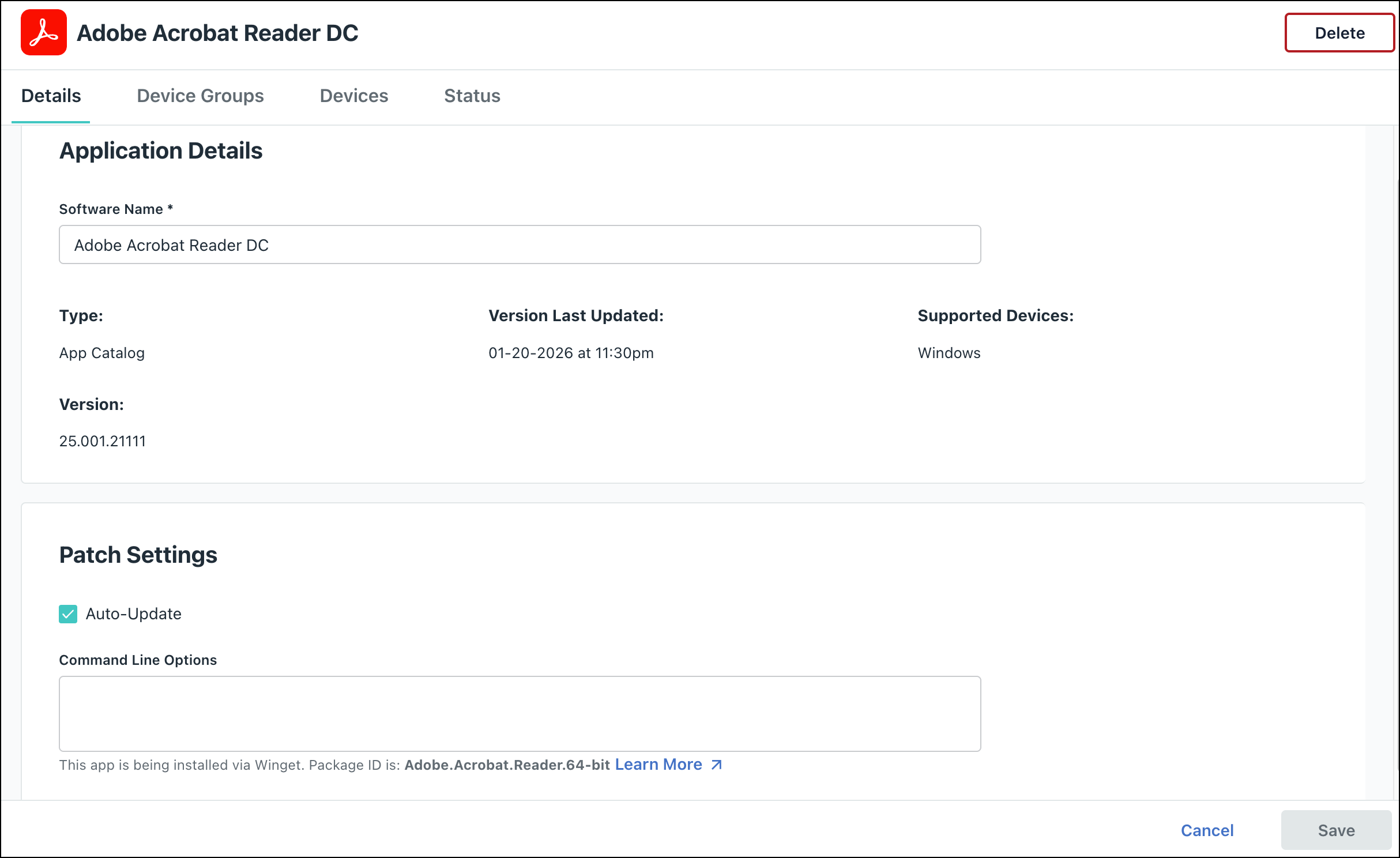 Detailed view of Adobe Acrobat Reader DC in the JumpCloud Admin Portal showing version info and patch settings.