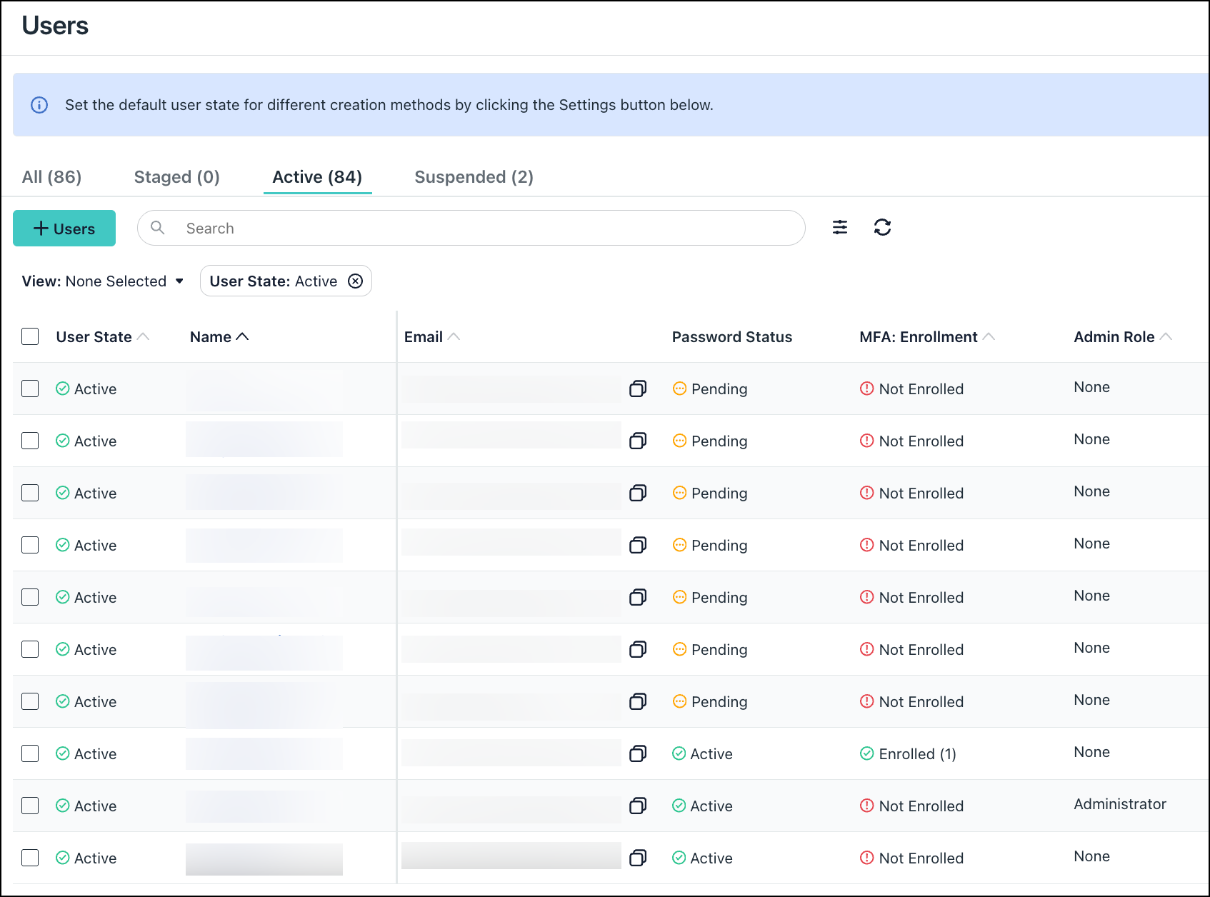 JumpCloud Users list view showing an Admin Role column that identifies users with assigned administrative privileges.