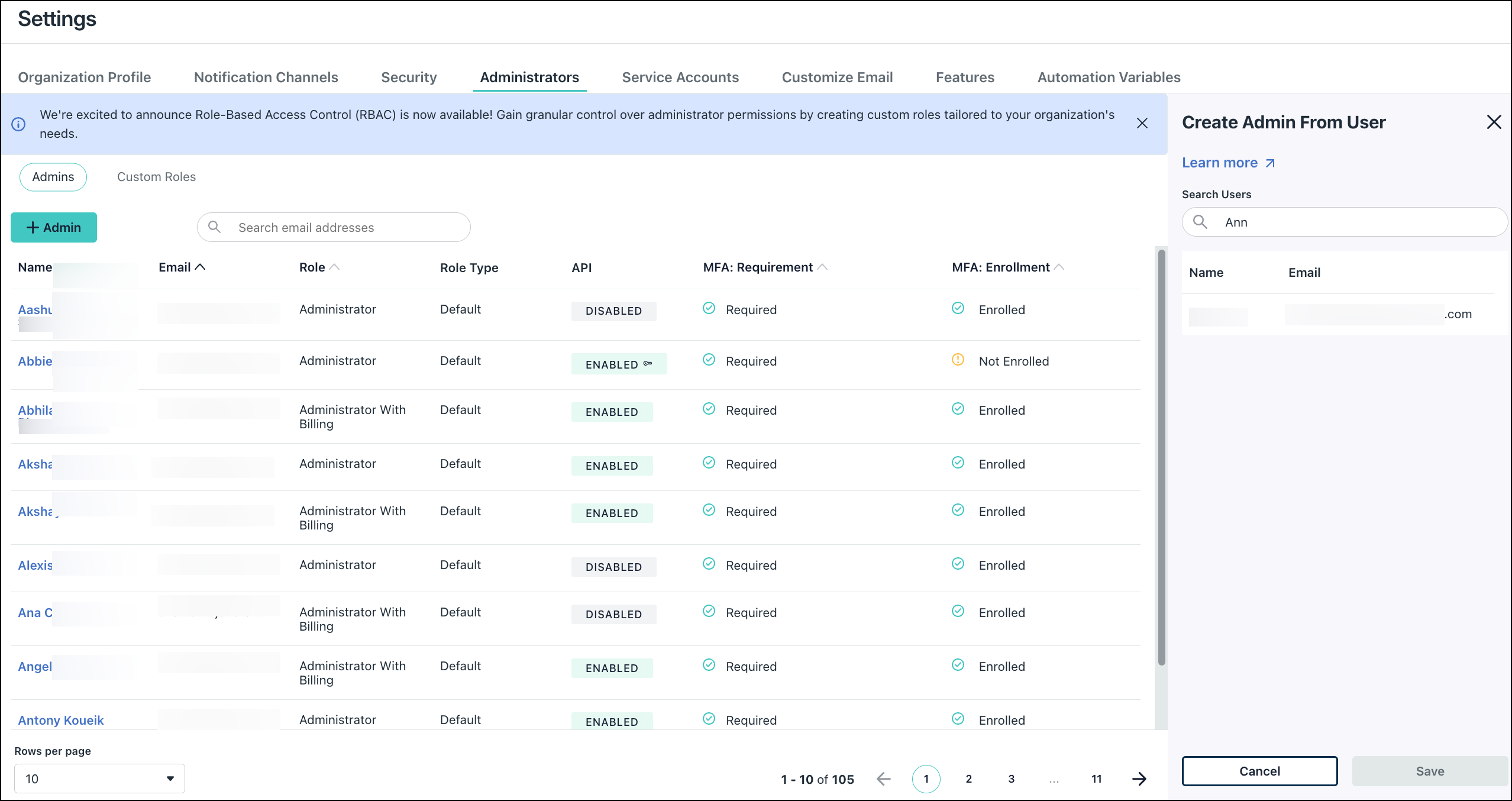 JumpCloud Admin Portal Settings page showing the Administrators list and the Create Admin From User side panel used to search for existing user identities.