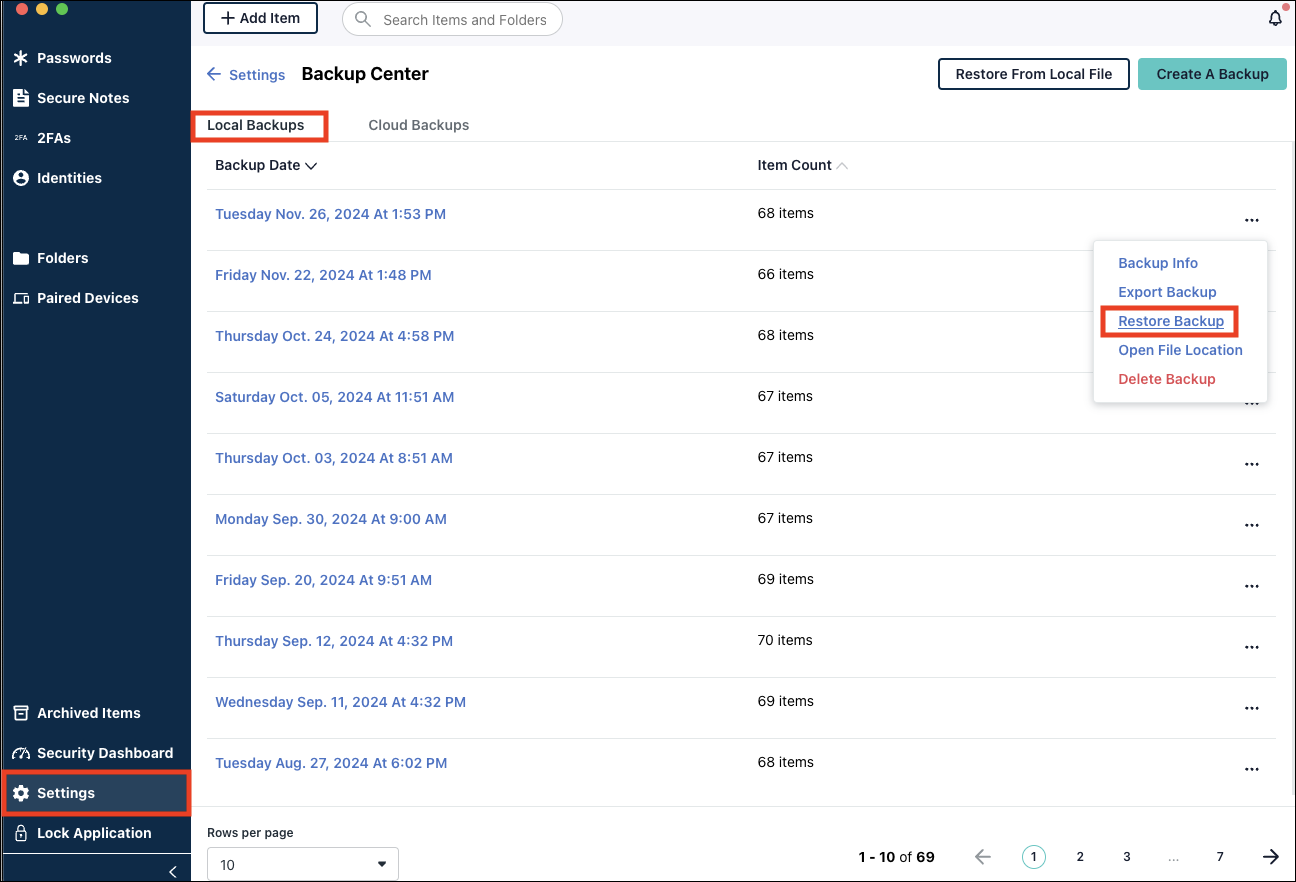A screen showing Local Backups tab from Password Manager