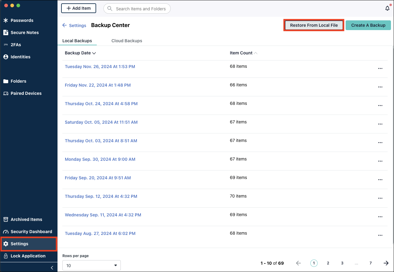 A screen showing Local Backups tab in Password Manager