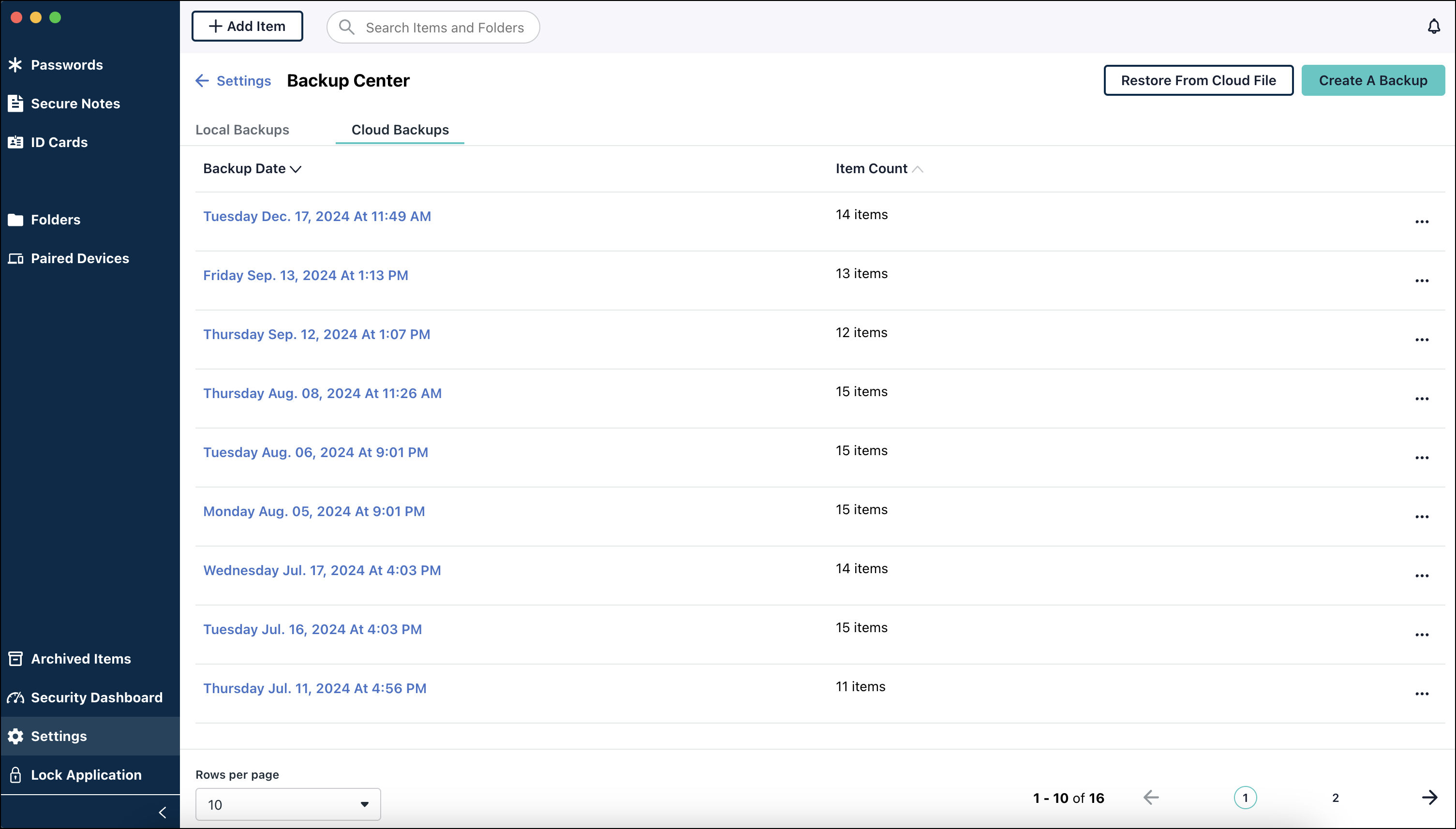 A screen showing Cloud Backups tab from the Password Manager app.