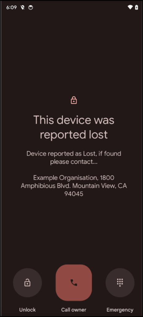 The active Lost Mode stage presents the messaging you've configured when enabling lost mode, as well as unlock, emergency call, and call options (if a contact number was provided).