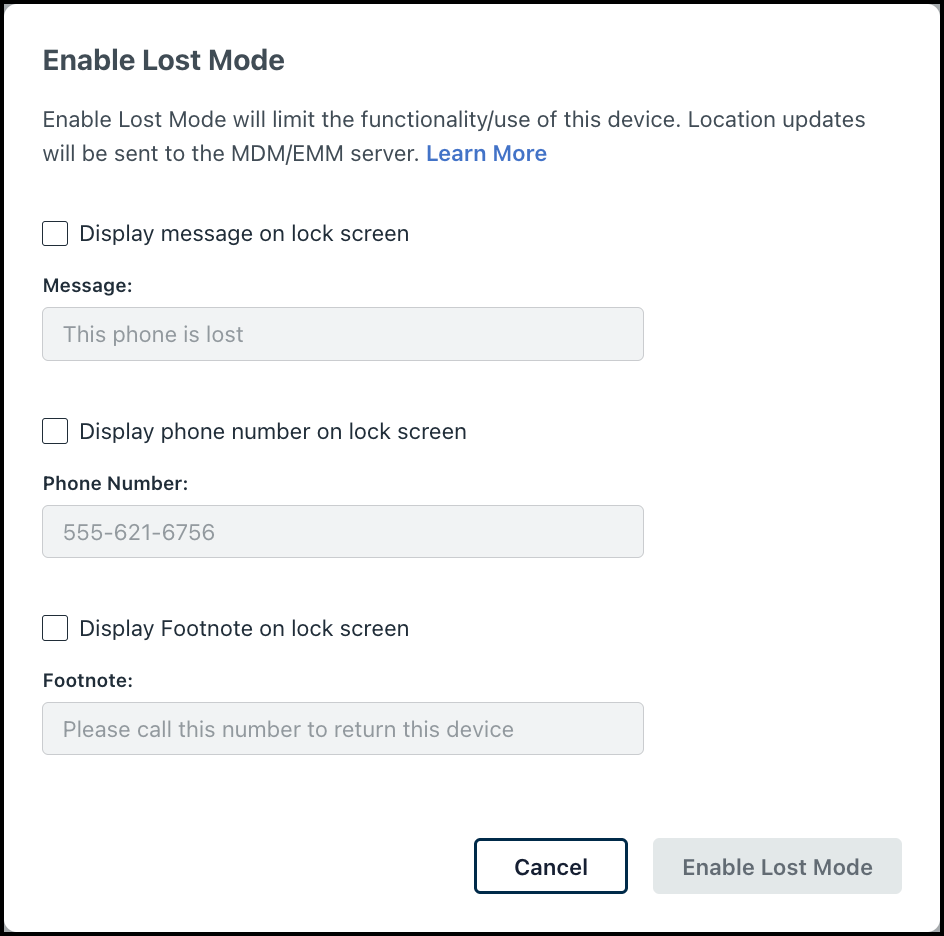 Configure a message, a phone number, and a footnote to display on an Apple device when in Lost Mode