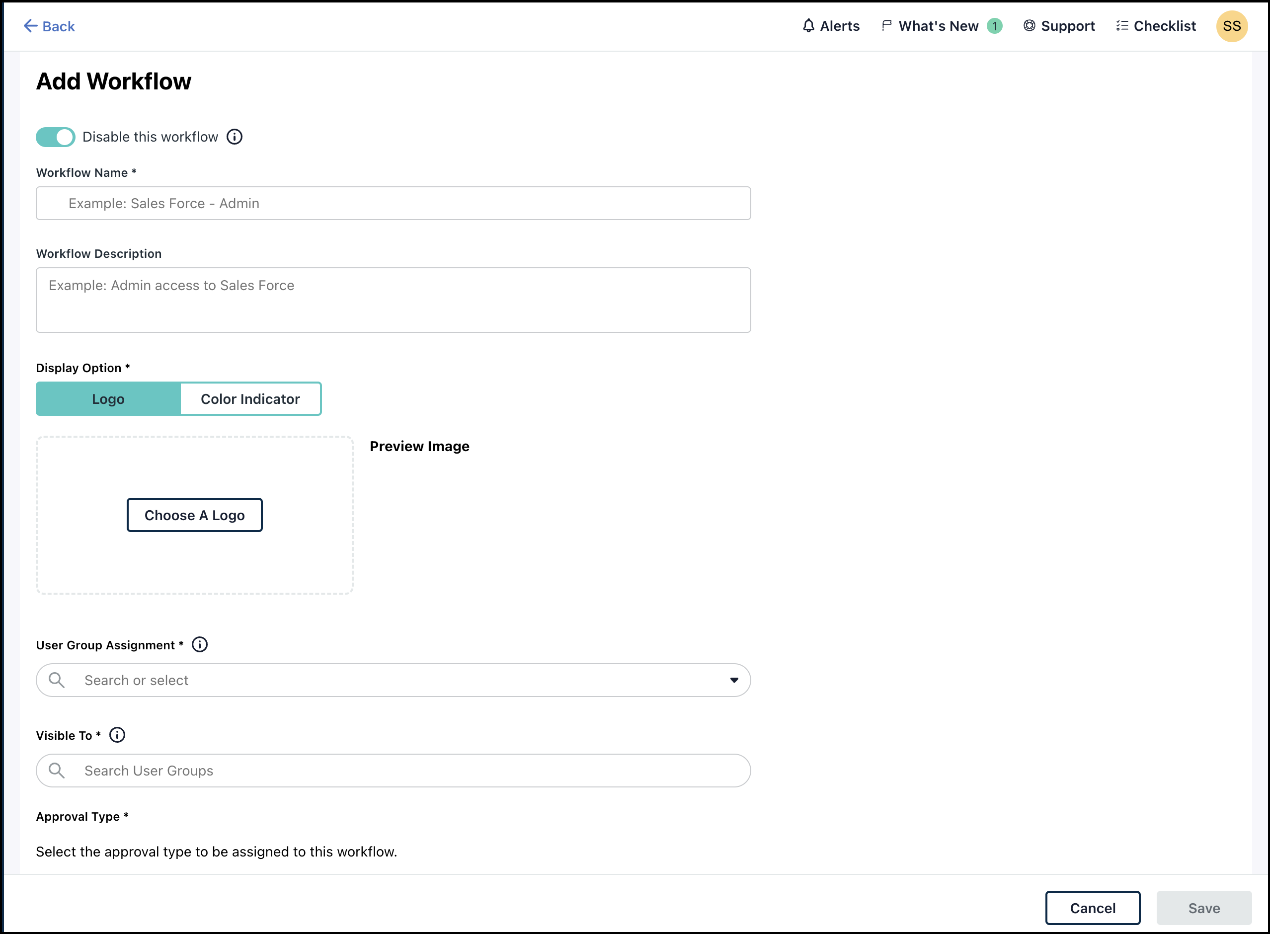 Image of the Add Workflow page with different options.