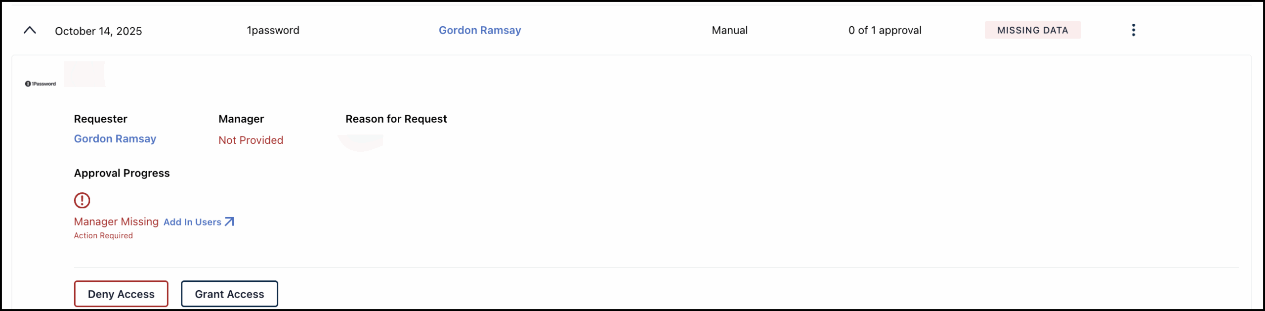 The image displays missing data in access requests.