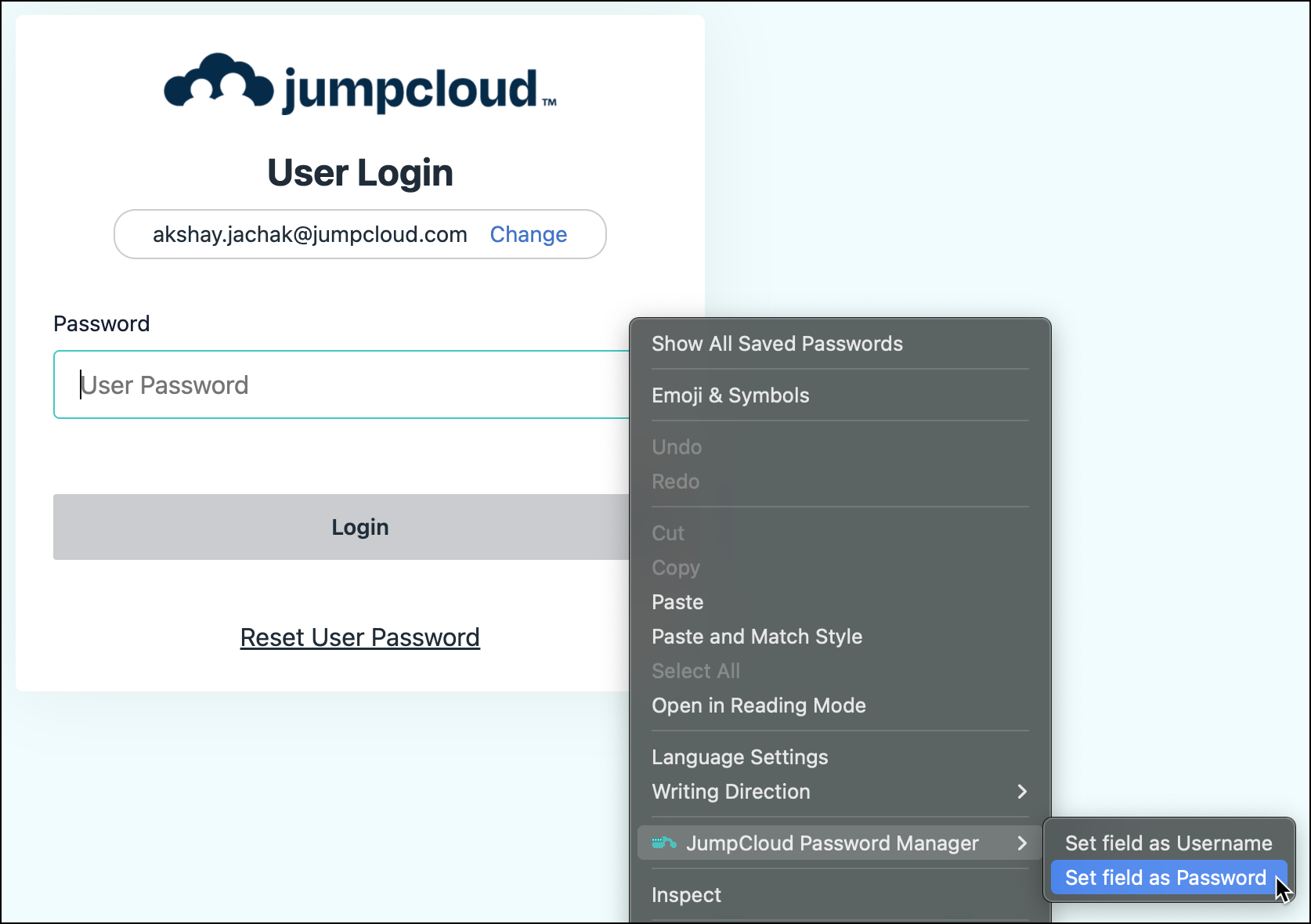 Screenshot of JumpCloud login page on macOS with right-click menu open over password field, showing 'JumpCloud Password Manager' and 'Set field as Password' options.