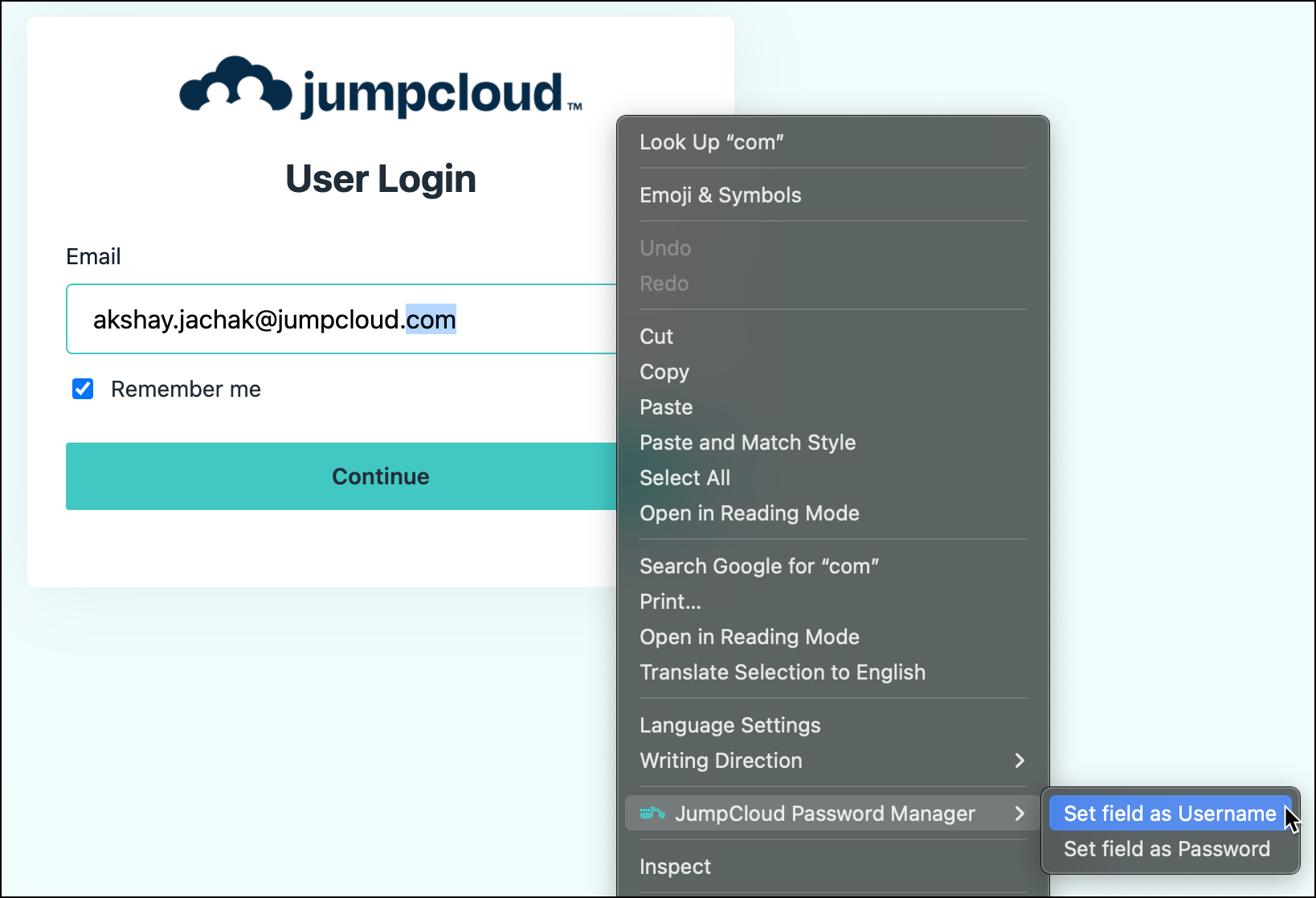 Screenshot of JumpCloud login page on macOS with right-click menu open over email field, showing 'JumpCloud Password Manager' and 'Set field as Username' options.