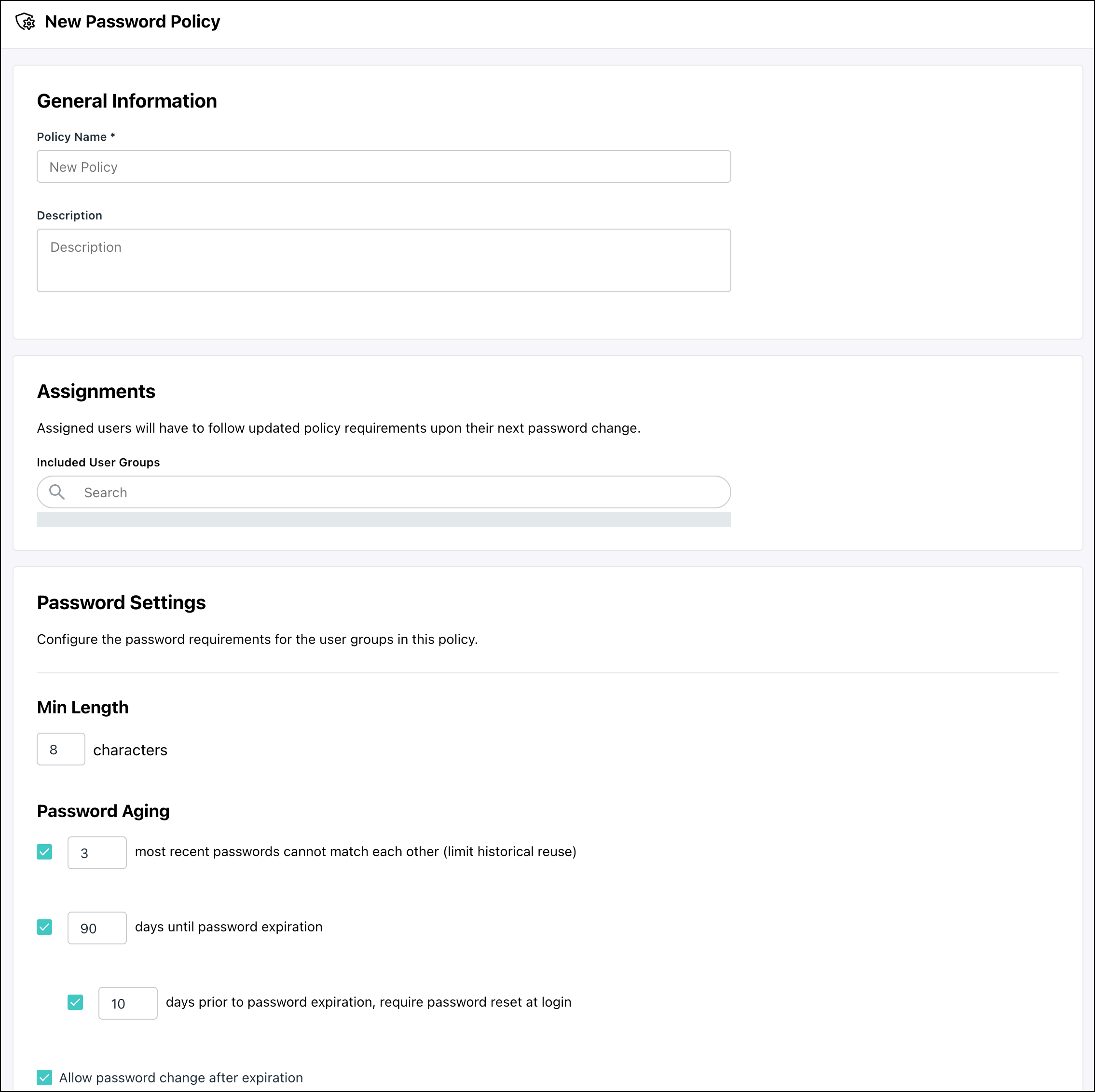 Image displays the window to create new password policies