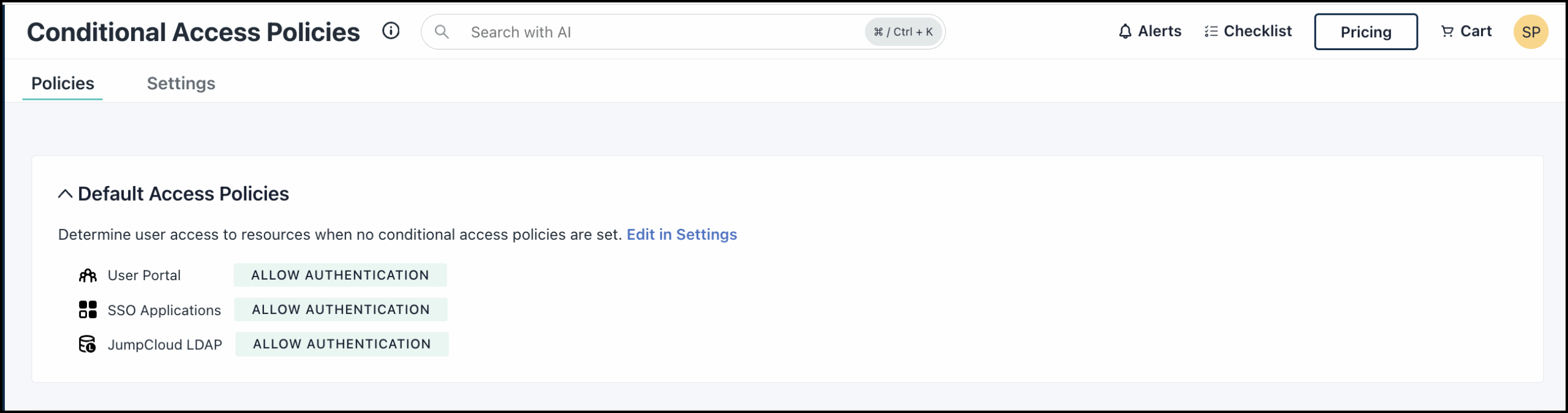 This image displays the Default Access Settings with all options set to Allow Authentication.