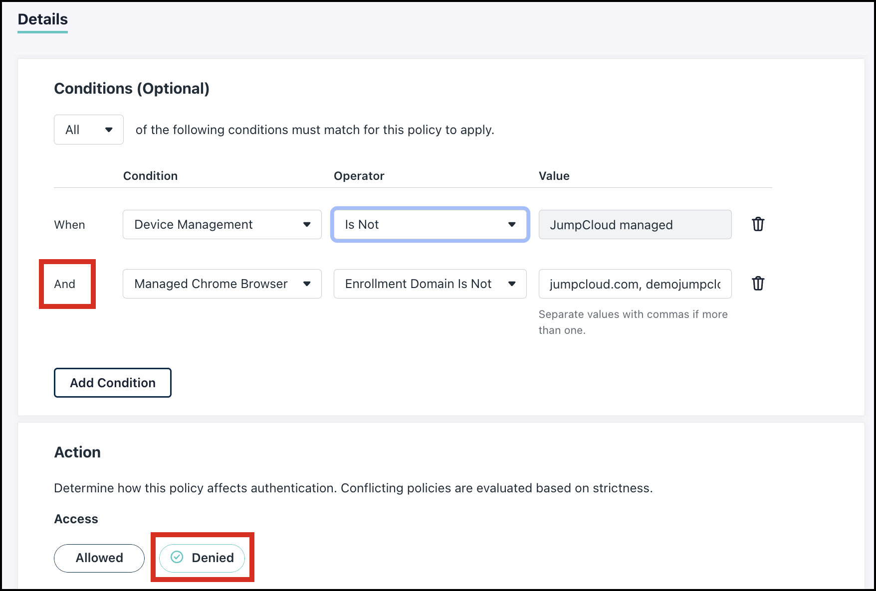 This image displays the conditional access policy set to deny access for non managed devices and non managed browser profiles.
