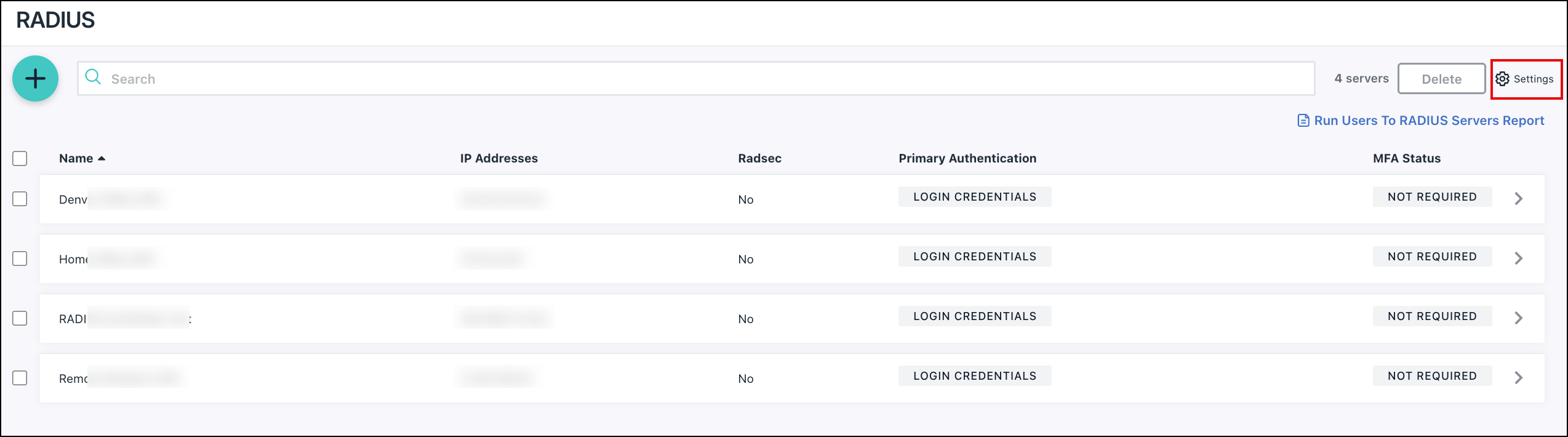 JumpCloud RADIUS server list with the global Settings gear icon highlighted in the top right corner.