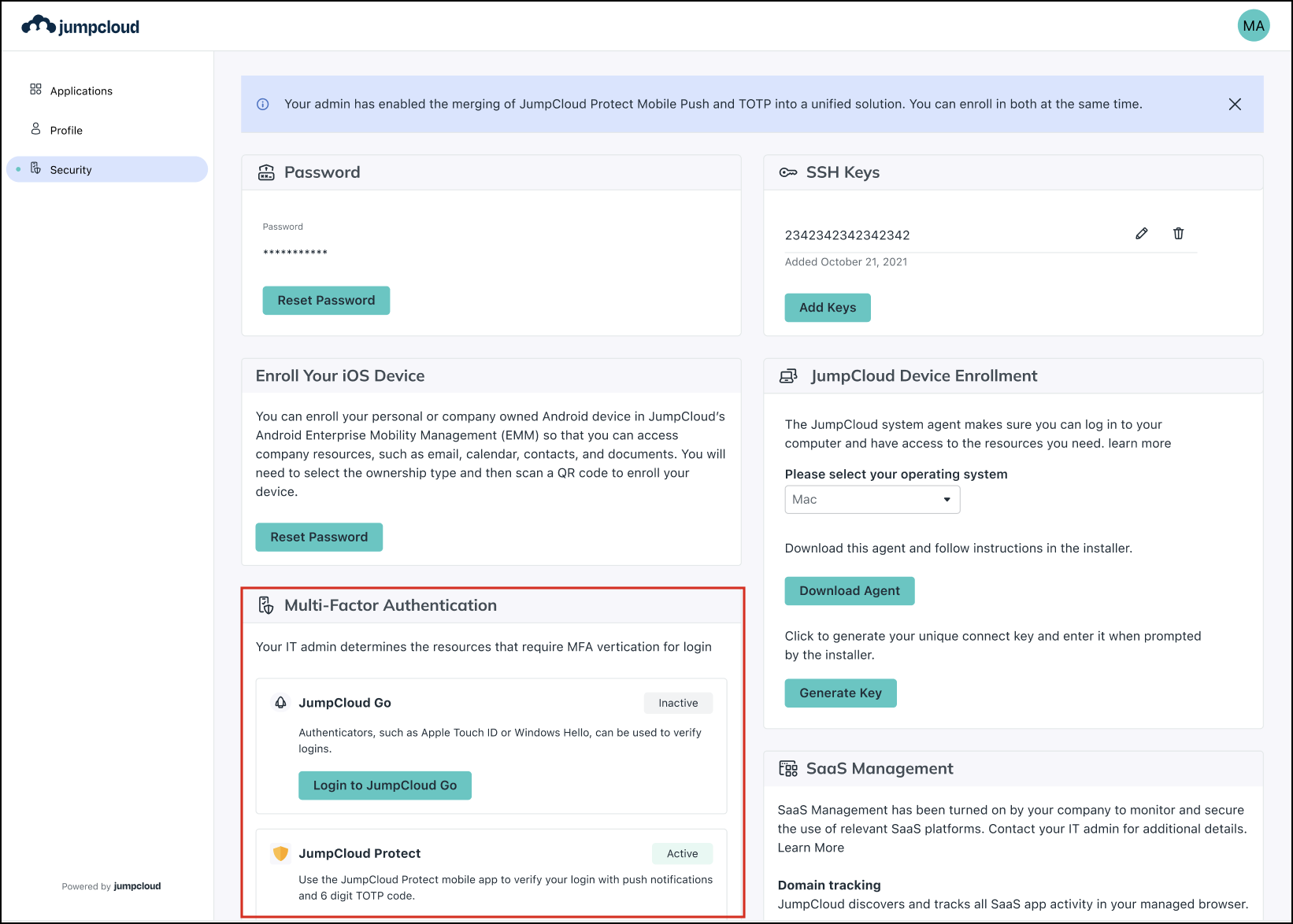 A screen showing Security settings in JumpCloud user portal